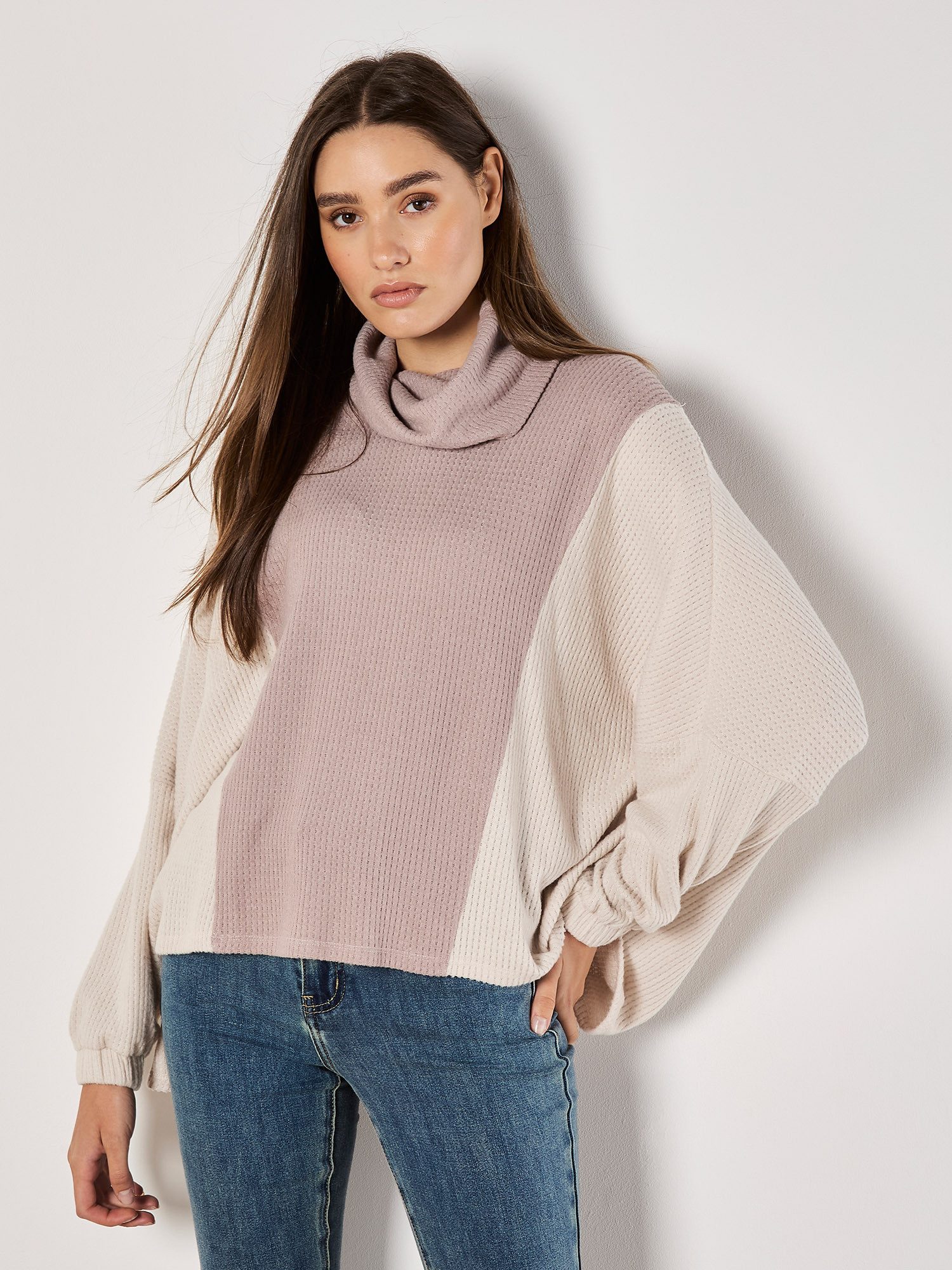 Strickpullover Colourblock-Oberteil mit Rundhalsausschnitt