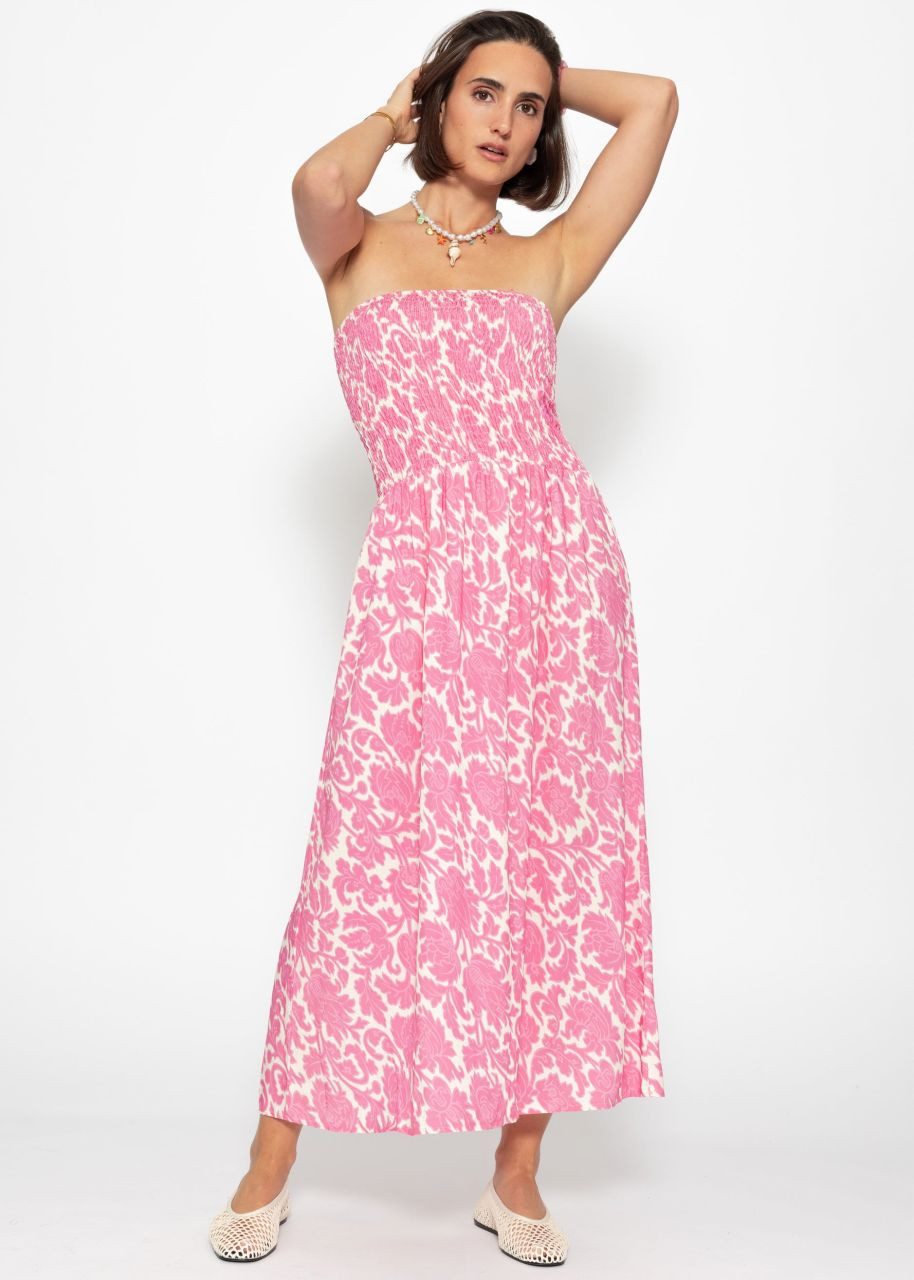 SASSYCLASSY Midikleid Gesmoktes Bandeau-Kleid mit Print Damen trägerloses Midikleid mit gerafftem Bustier jeansblau