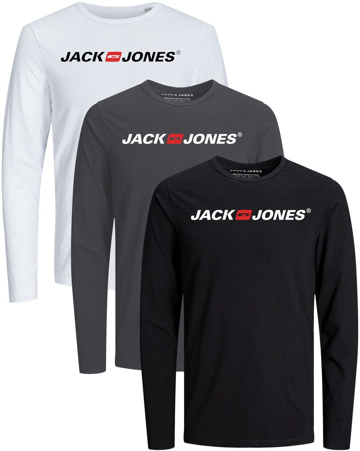 Jack & Jones Langarmshirt Regular-Fit mit stilvollem Printdruck (Spar-Set, 3er-Pack) in Unifarbe aus Baumwolle, mit lizenziertem Originaldesign Print