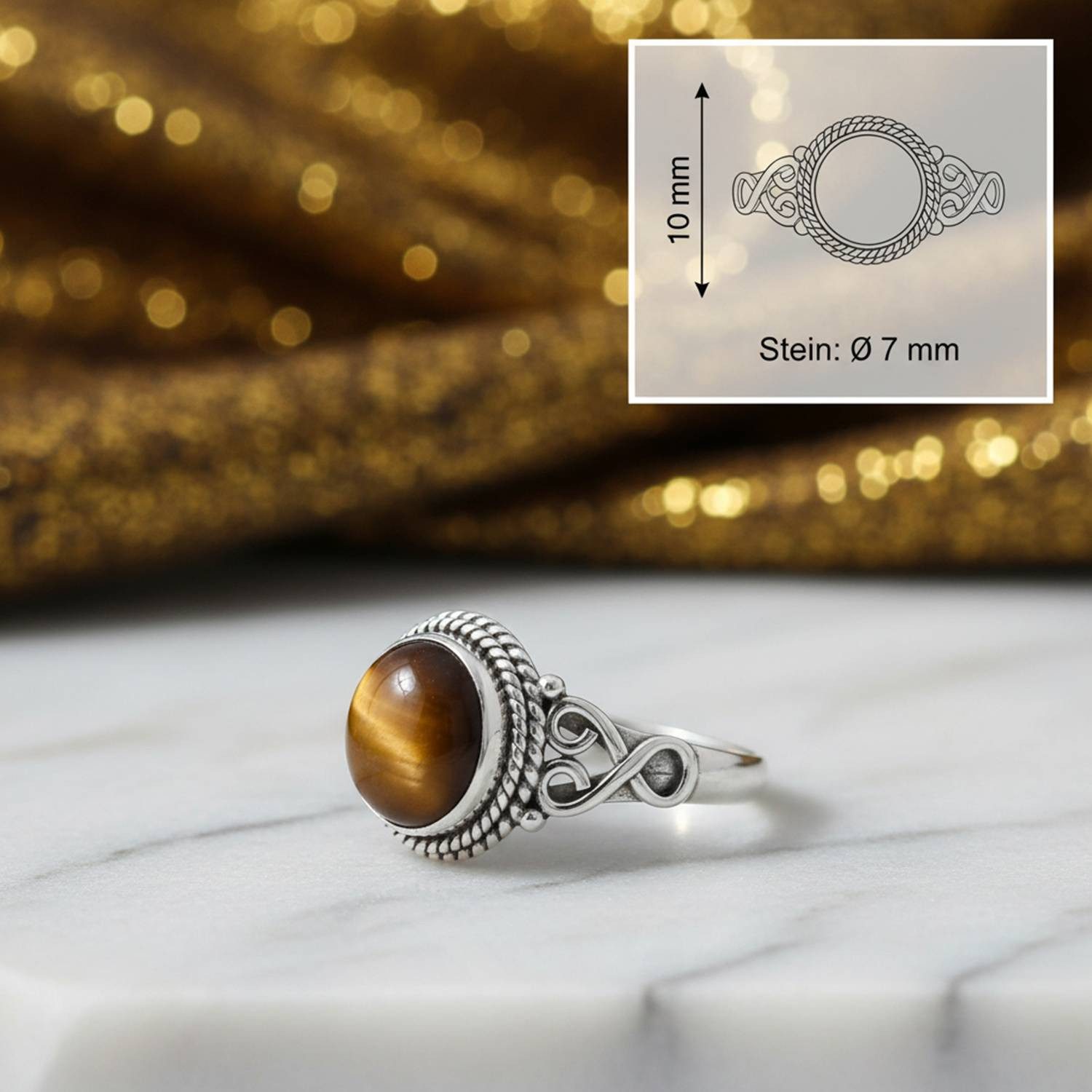 mantraroma Silberring BAGHIMI rund aus 925 Silber mit Tigerauge (Ring mit Schmuckbeutel), Damenring aus 925er Silber