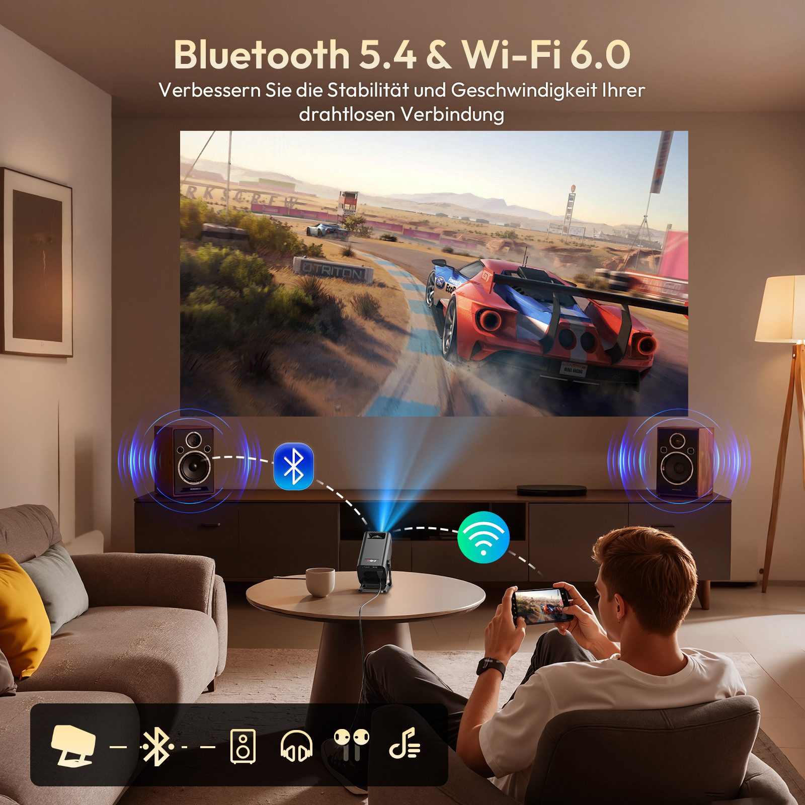 XGODY Android 14 Projektor Ultra HD 8K, Integrierte App,WiFi 6, BT 5.4 Mini-Beamer (12000 lm, 8000:1, 3840 x 2860 px, KI-Auto-Keystone, 180°Dreh, Tragbarer Beamer Heimkino mit TV Stick)