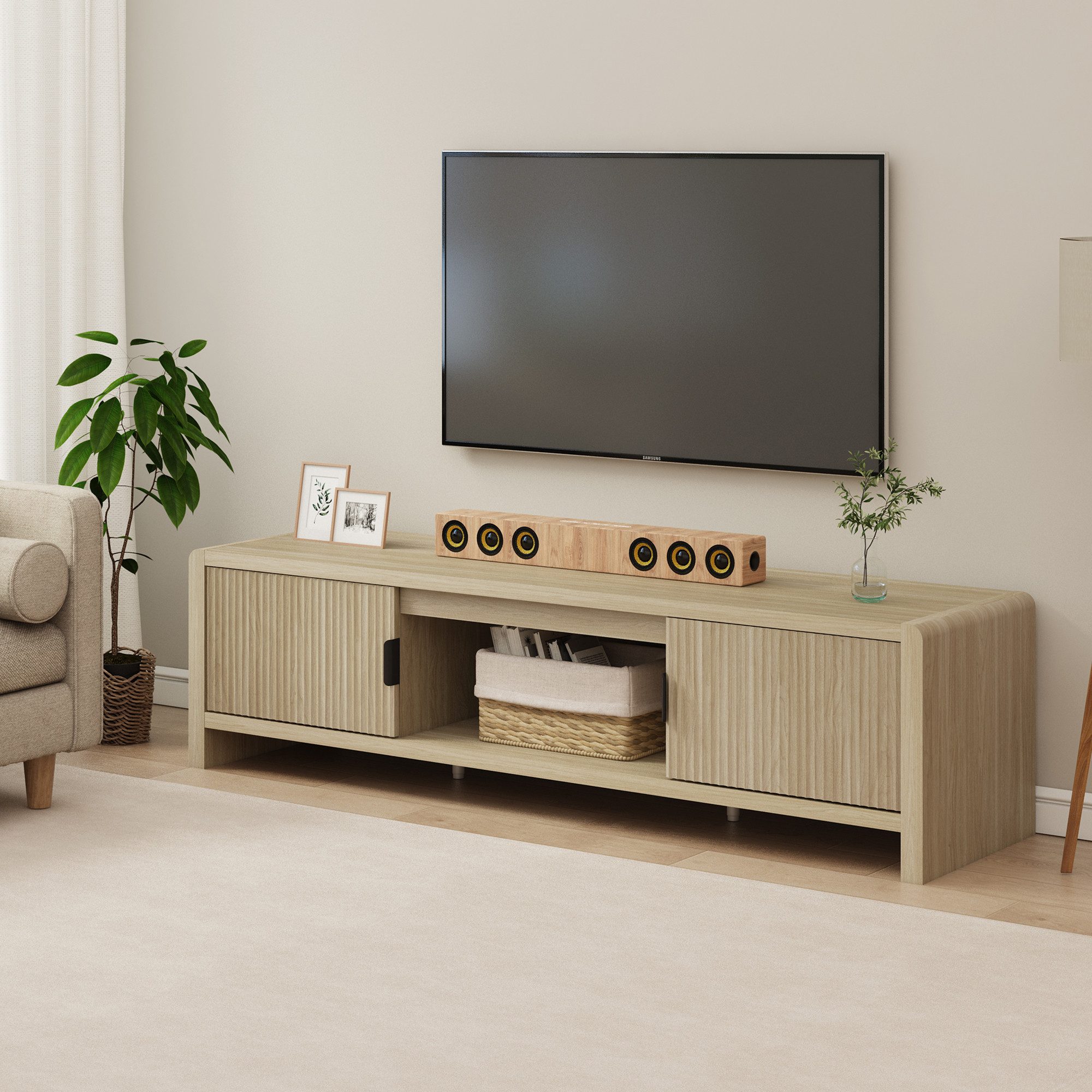 en.casa TV-Schrank »Lukkodso« mit 3 Fächern und 2 Türen 150x40x40 cm Eicheoptik – Bild 3 von 5
