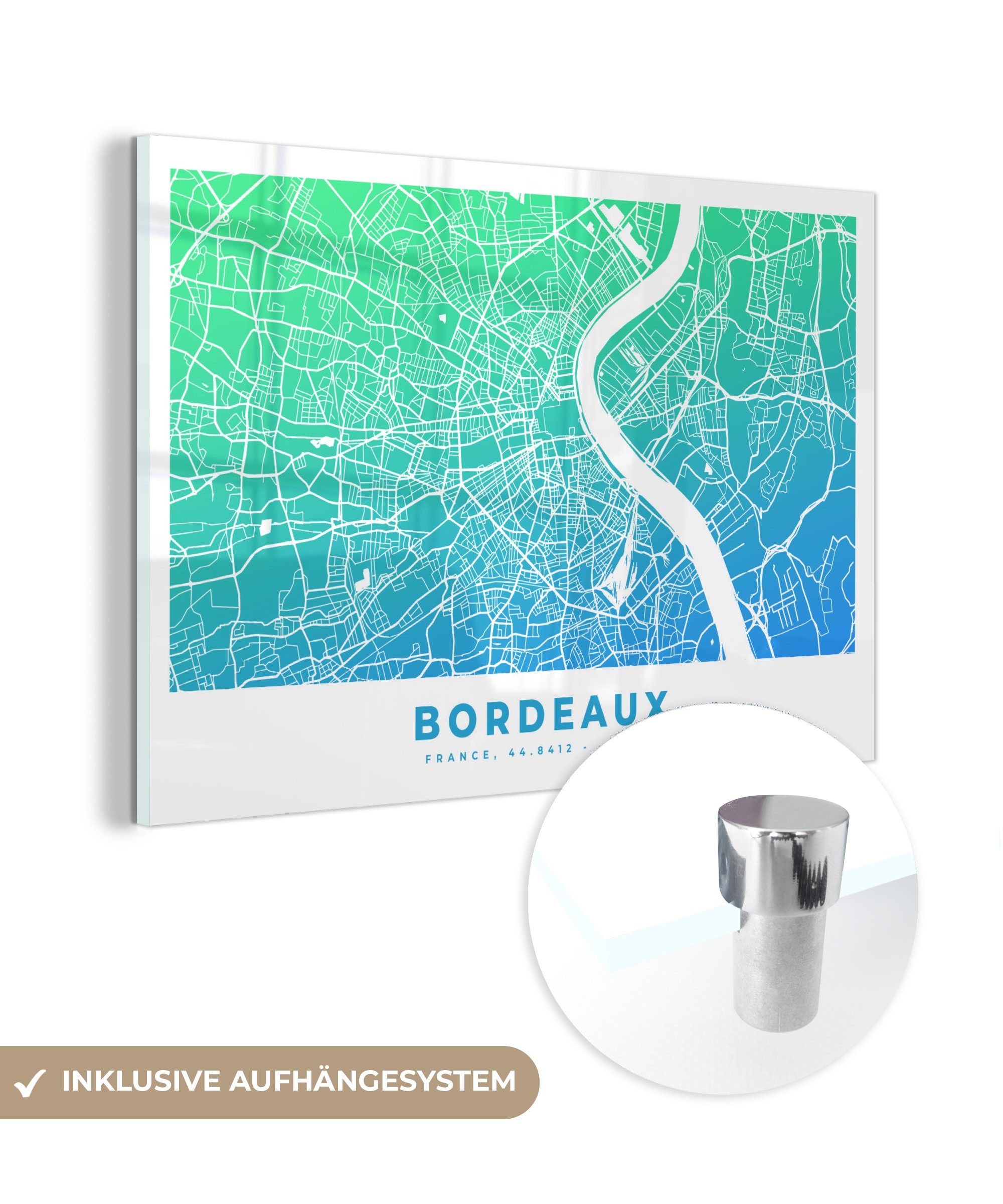 - Schlafzimmer & MuchoWow Acrylglasbilder Wohnzimmer St), Frankreich - Acrylglasbild Stadtplan, (1 Bordeaux