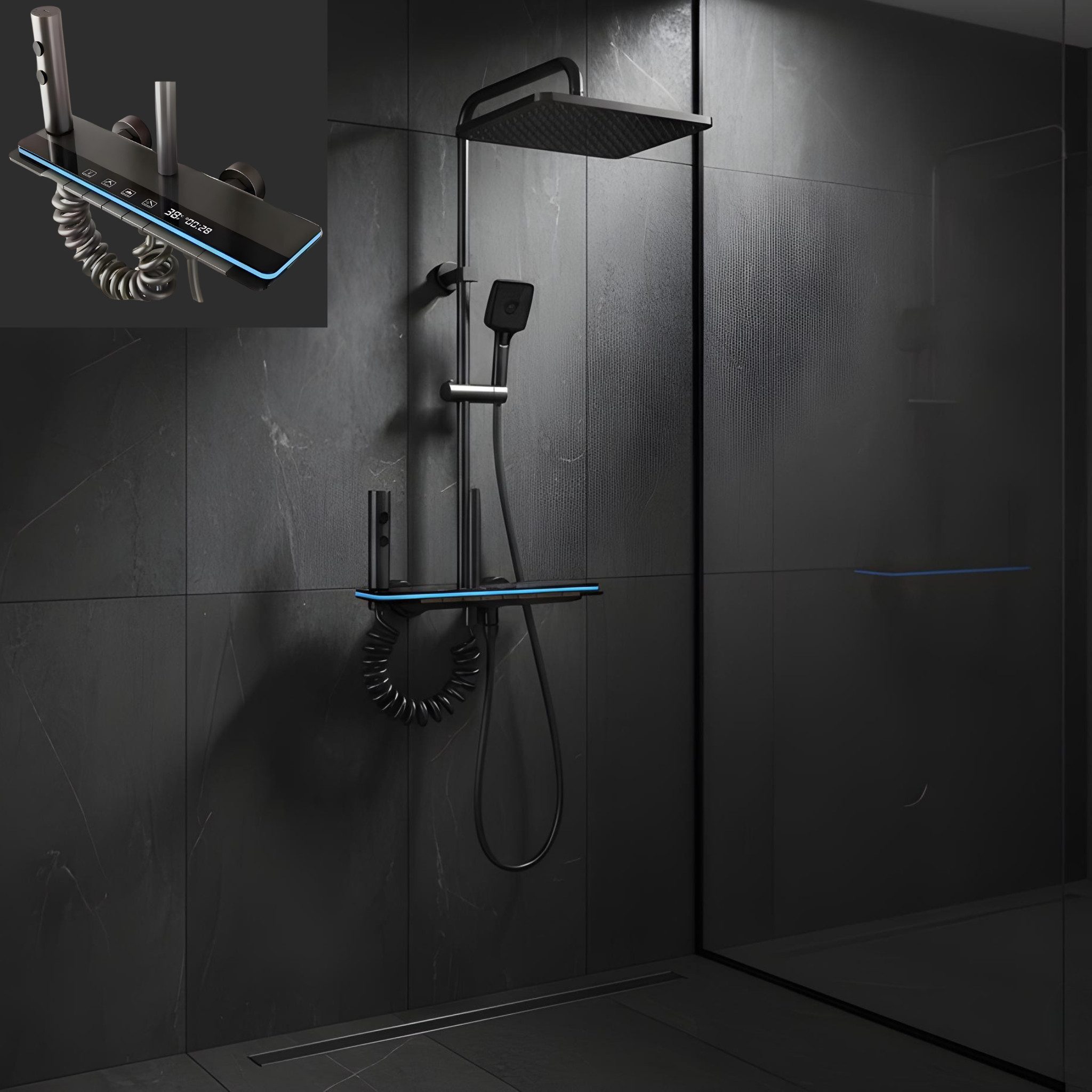 LuxaSteel Duscharmatur Duschsystem mit LED-Beleuchtung & Display (Komplett-Set, Direkt einsatzbereit) Regendusche Komplettset mit LED-Beleuchtung & Display