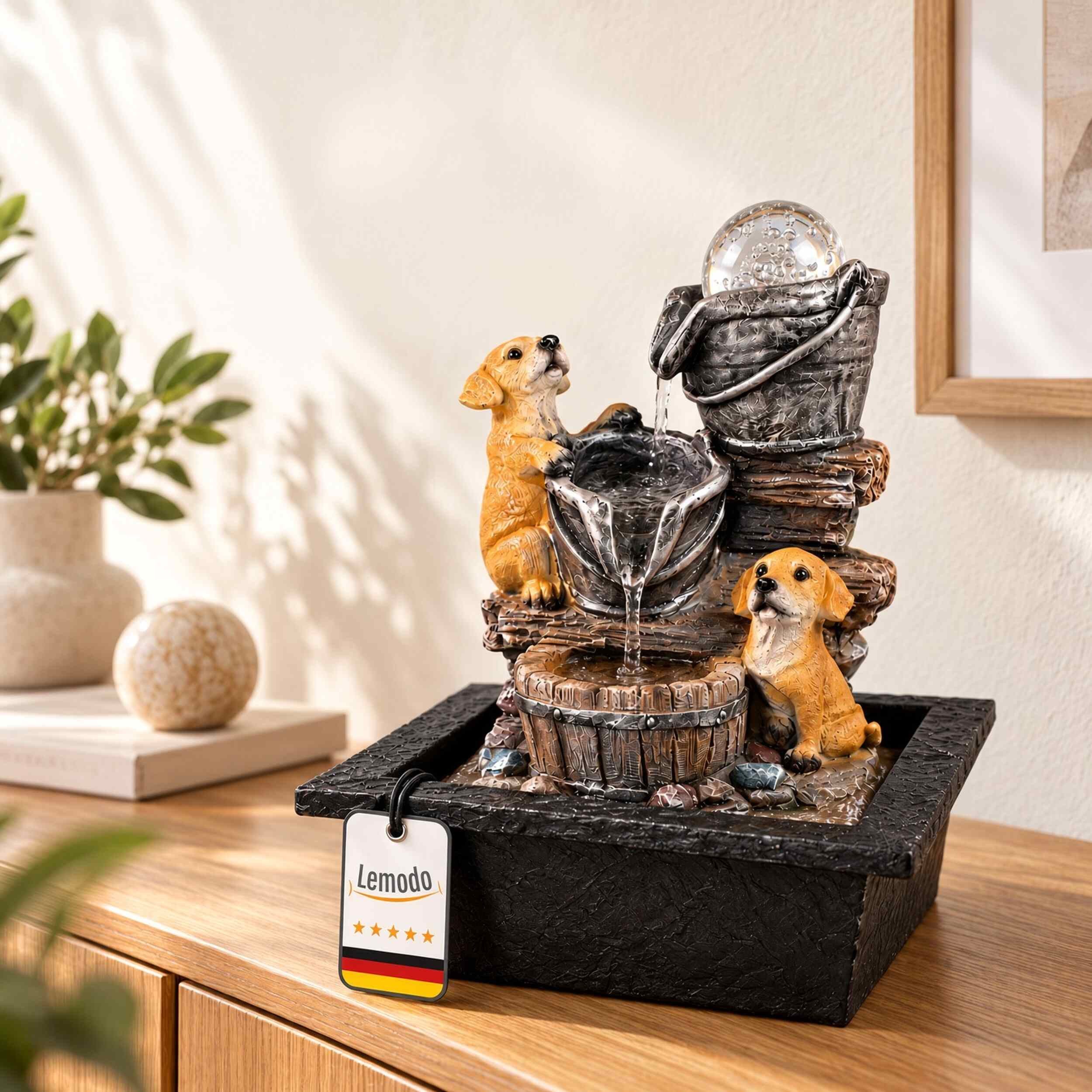 Lemodo Zimmerbrunnen mit Hunden LED-Licht und rotierender Glaskugel, 28 cm hoch, rotierende Kugel mit LED-Beleuchtung