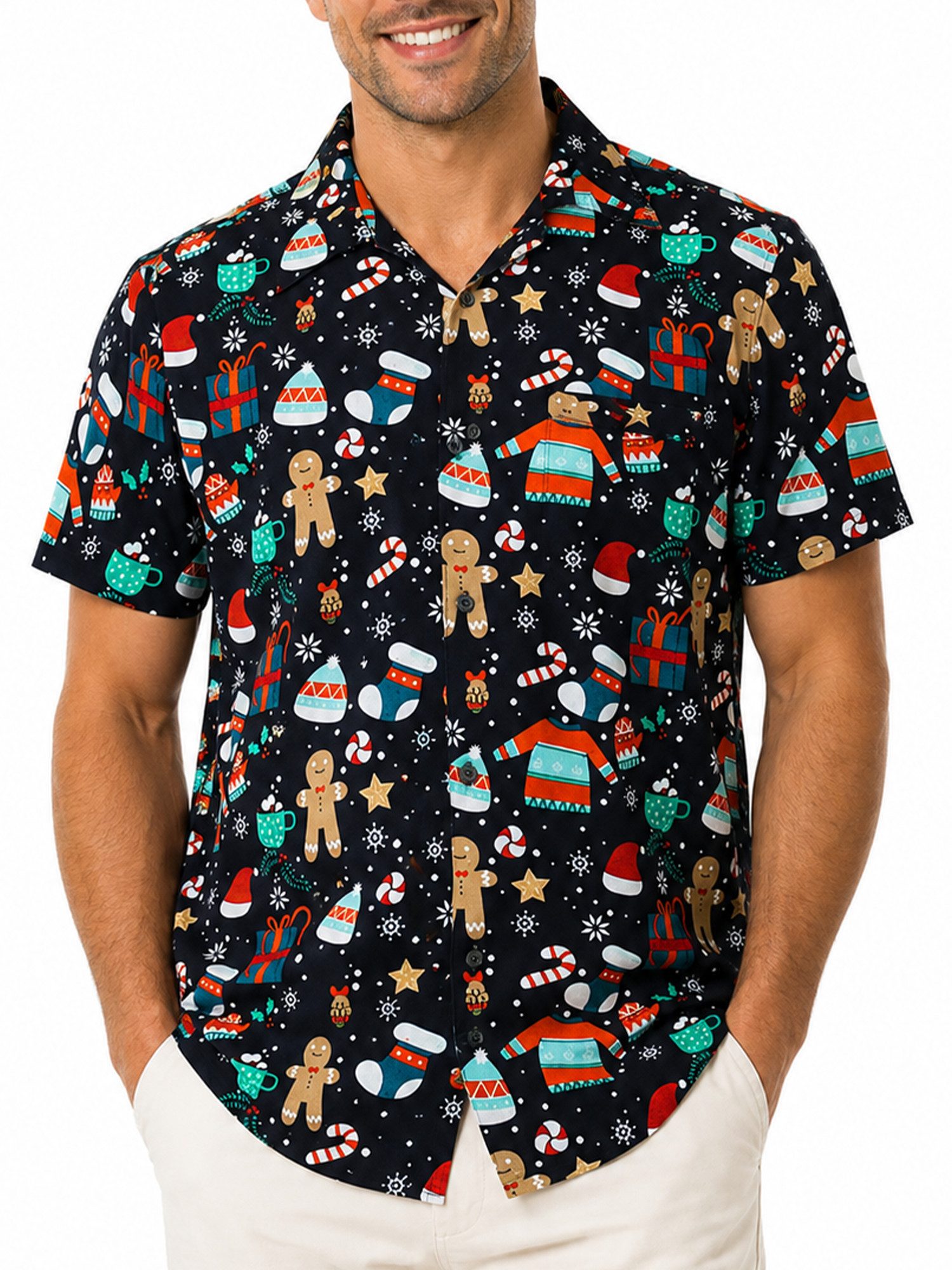 King Kameha Hawaiihemd "Christmas Gingerbread" Funky Hawaii-Hemd Kurzarm Front-Tasche Unisex – Bild 3 von 5