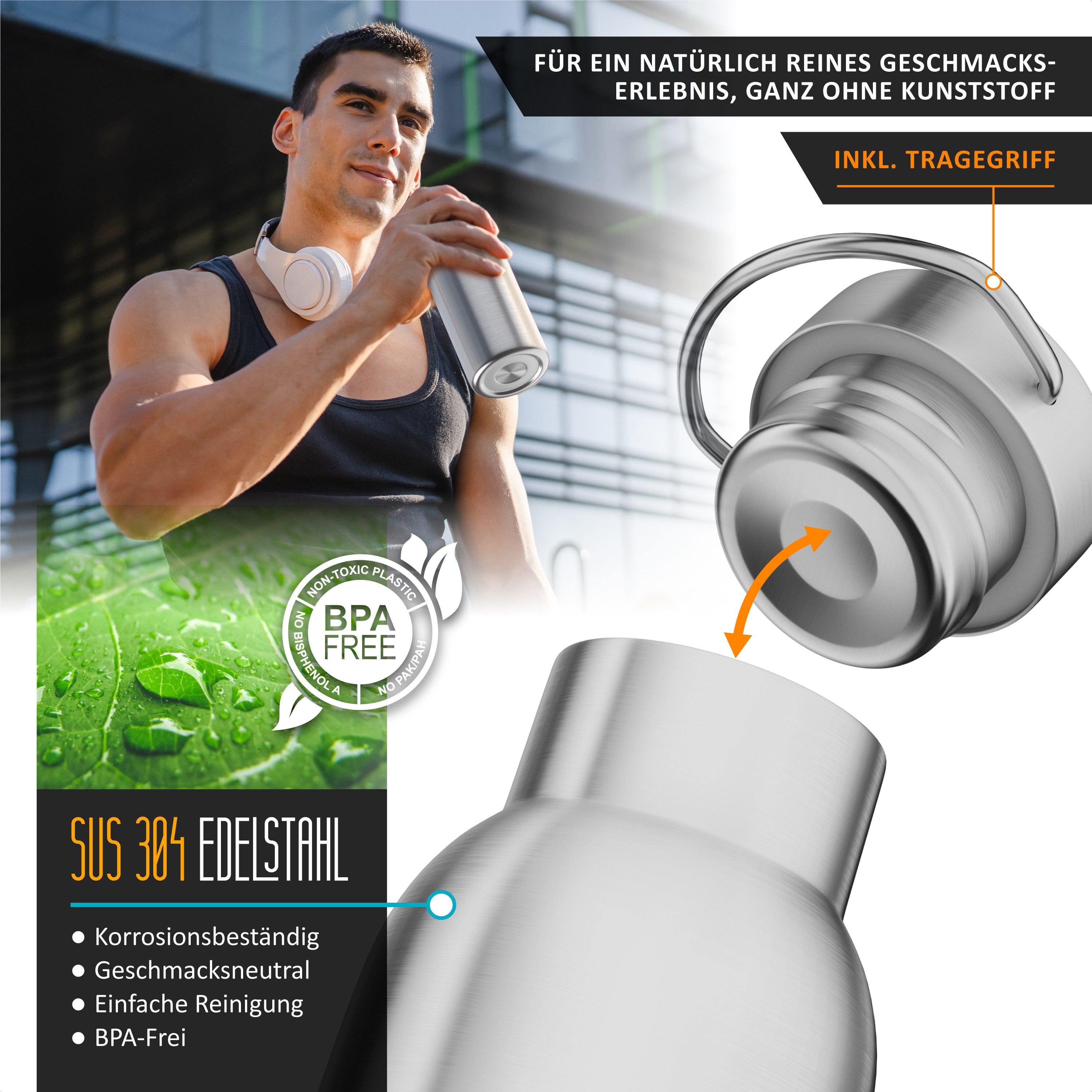 Arendo Isolierflasche Edelstahl Thermosflasche 500ml, doppelwandig, Griff an der Oberseite, Thermo Trinkflasche, BPA-frei, auslaufsicher, hält 24h kühl & 12h warm