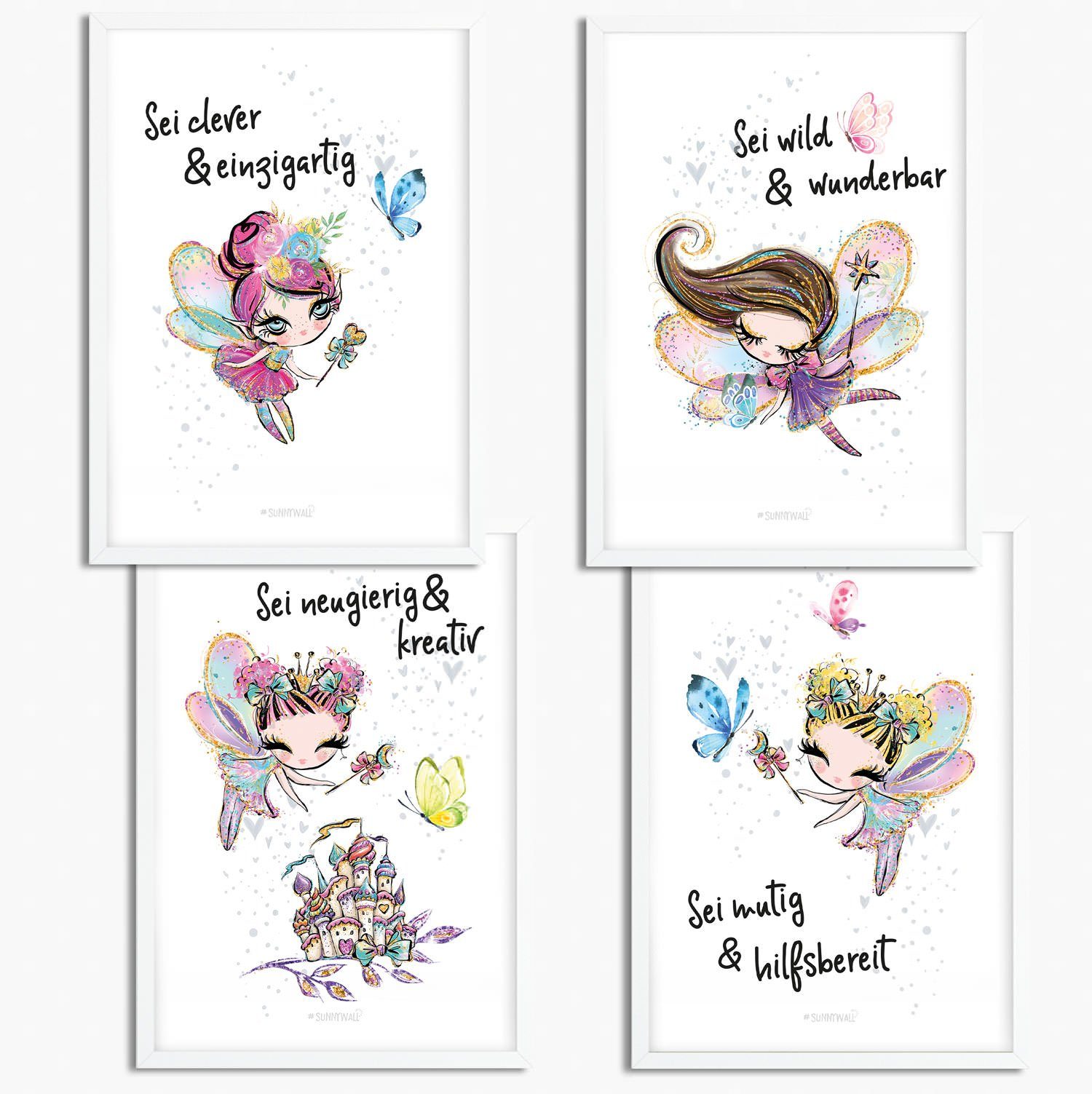 Sunnywall Poster »Poster Kinderzimmer Feen mit Spruch (4er Set)«, Fee