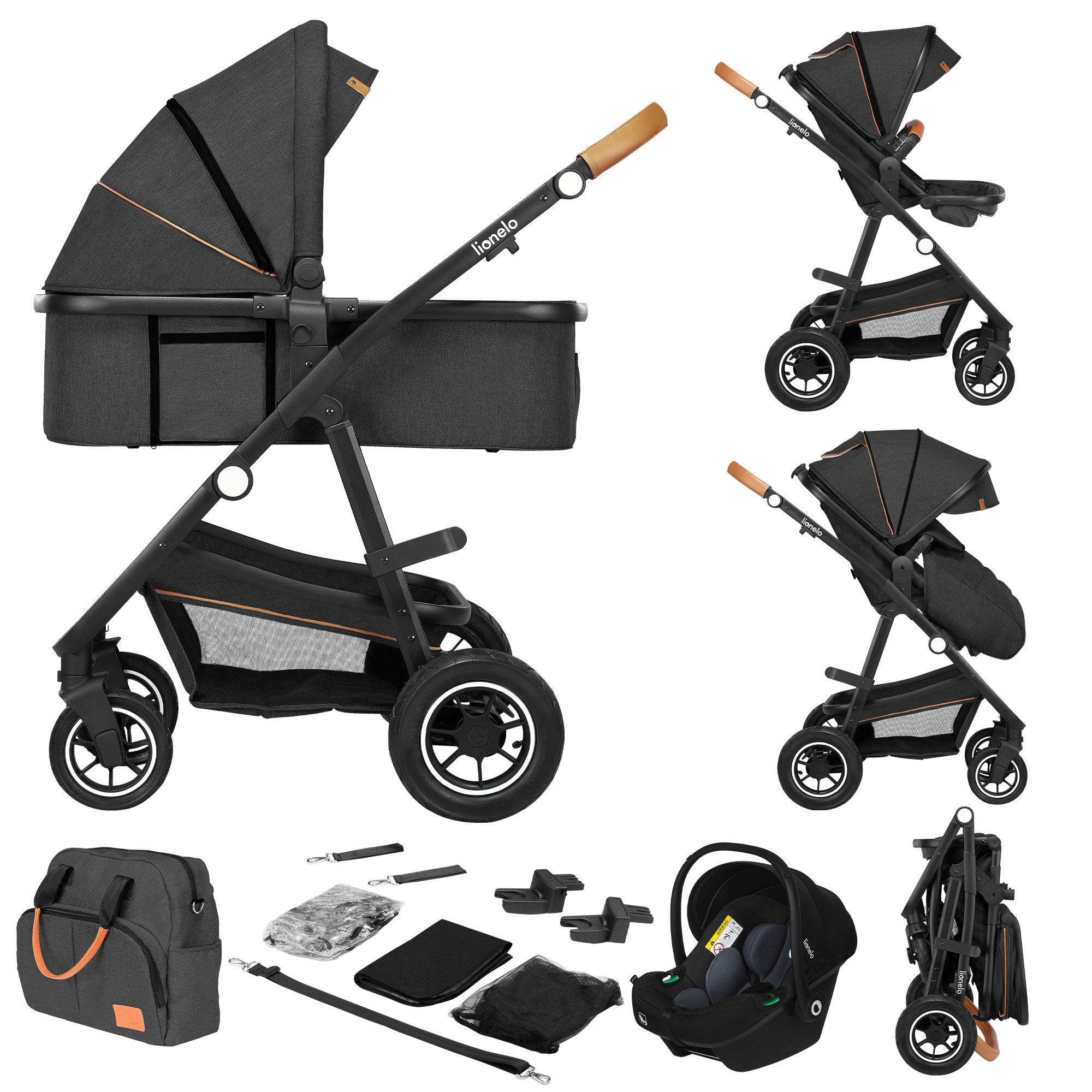 lionelo Kombi-Kinderwagen Amber 3in1, babyschale 0-13kg Tasche Moskitonetz Regenschutz 3in1