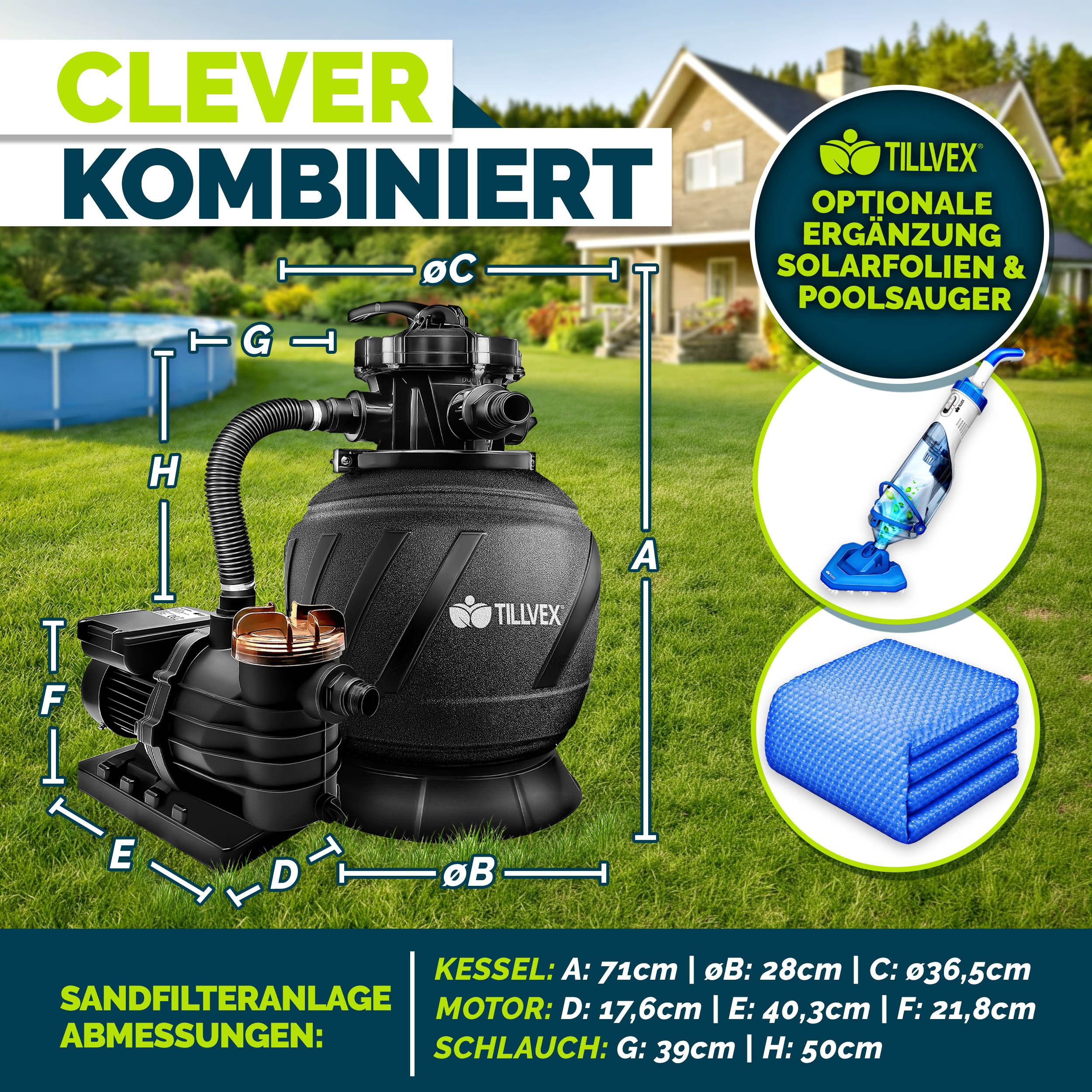 tillvex Sandfilteranlage tillvex Sandfilteranlage 13.200L/h mit 1200g Filterbällen + Pumpe (Poolfilter Selbstansaugend Sandfilter Schwimmbecken, Filteranlage 7- – Bild 2 von 5