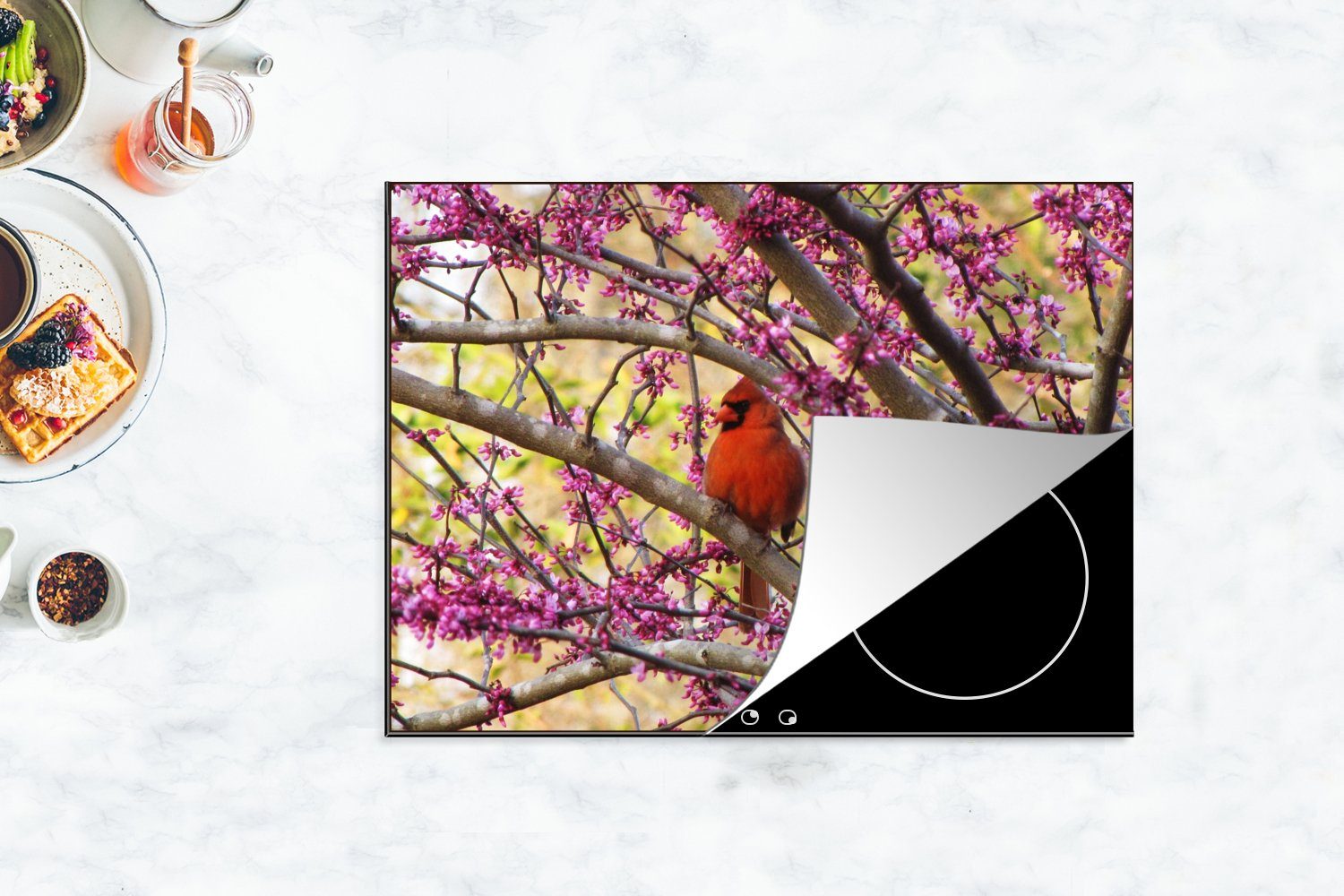 MuchoWow Herdblende-/Abdeckplatte Ein roter Kardinal Vinyl, tlg), nutzbar, Arbeitsfläche rosa 70x52 (1 Blumen, Mobile Ceranfeldabdeckung zwischen cm