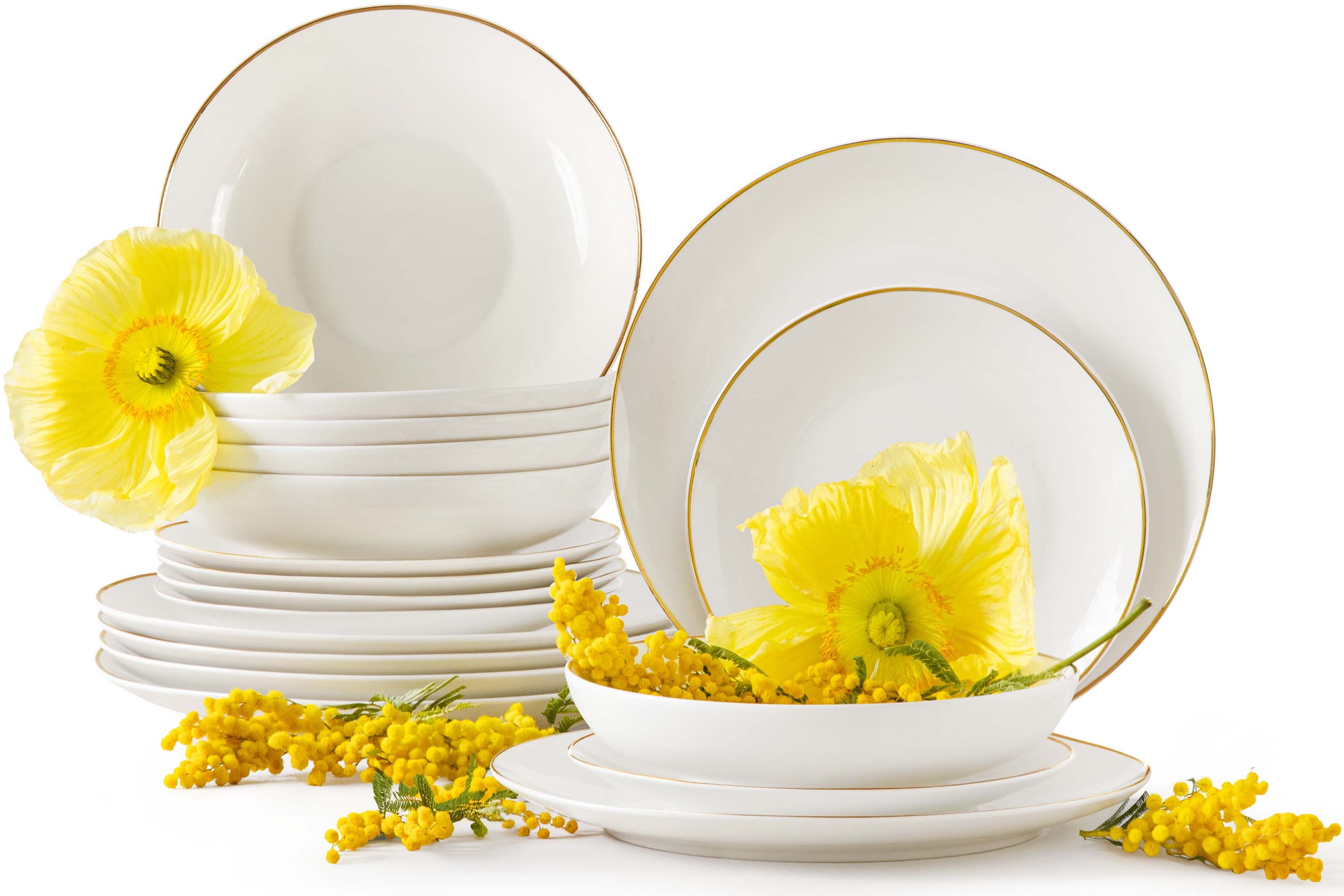 KONSIMO® Столовый сервиз AD BELLA Geschirrset, Hartporzellan, ecrufarben (18-tlg), 6 Personen, Porzellan, ecru Farbe mit Goldlinie, Handwäsche empfohlen, zeitloses Design