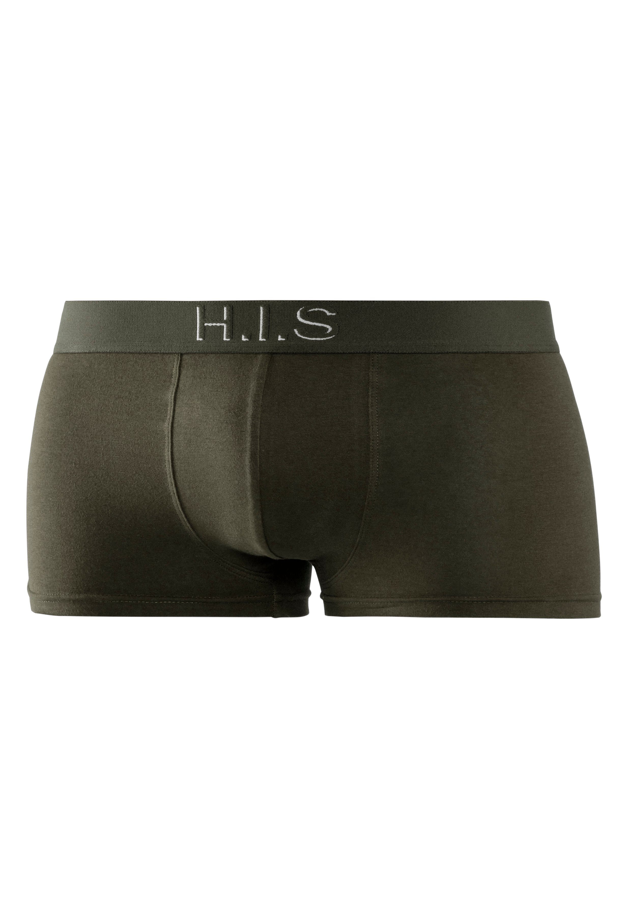 H.I.S Boxershorts (Packung, 5-St) navy Webbund in bordeaux, petrol, schwarz, mit Effekt olivgrün, Hipster-Form Logoschriftzug 3D am mit