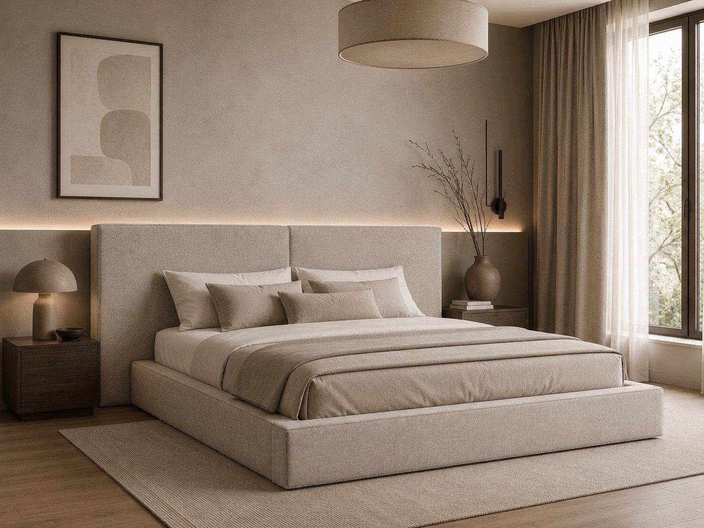 MOEBLO Polsterbett aus Strukturstoff Bett 06 (Bezug: Strukturstoff, Doppelbett mit Kopfstütze, Rahmenbettgestell, mit Bettkasten und Lattenrost), gepolstertes Kopfteil