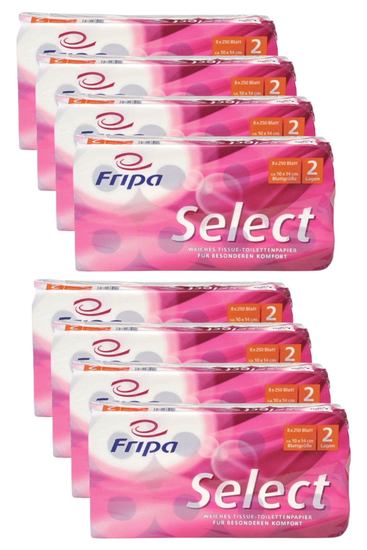 DocMed Toilettenpapier Fripa - Toilettenpapier select, 2-lagig 8 Rollen oder 8er Packung (Hochweißes Design 64-St. 8 Rollen Toilettenpapier), aus 100 % Zellstoff, Praktisches Blattformat