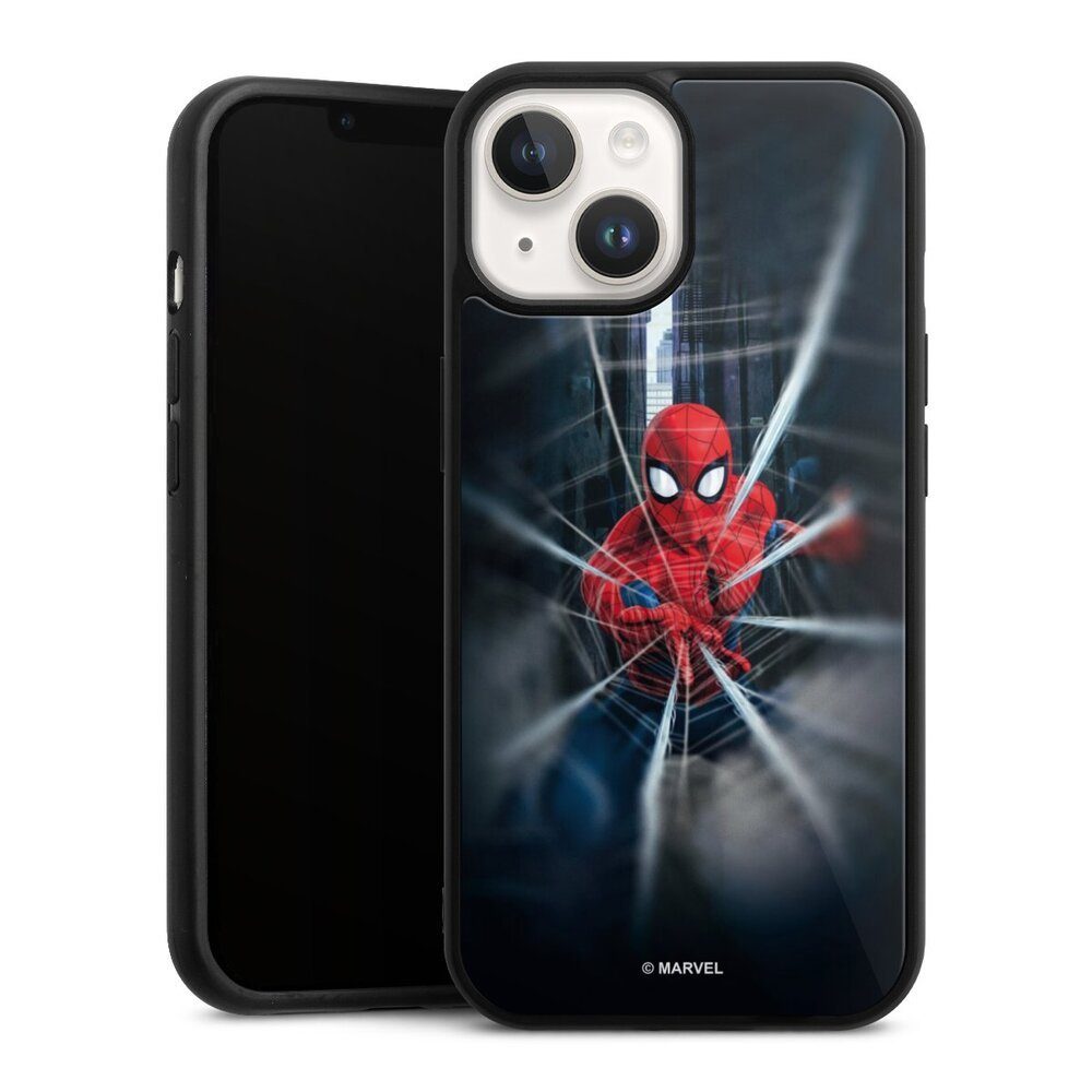 DeinDesign Handyhülle Marvel Spider-Man Kinofilm Spider-Man Webs In Action, Apple iPhone 15 Gallery Case Glas Hülle Schutzhülle 9H Gehärtetes Glas
