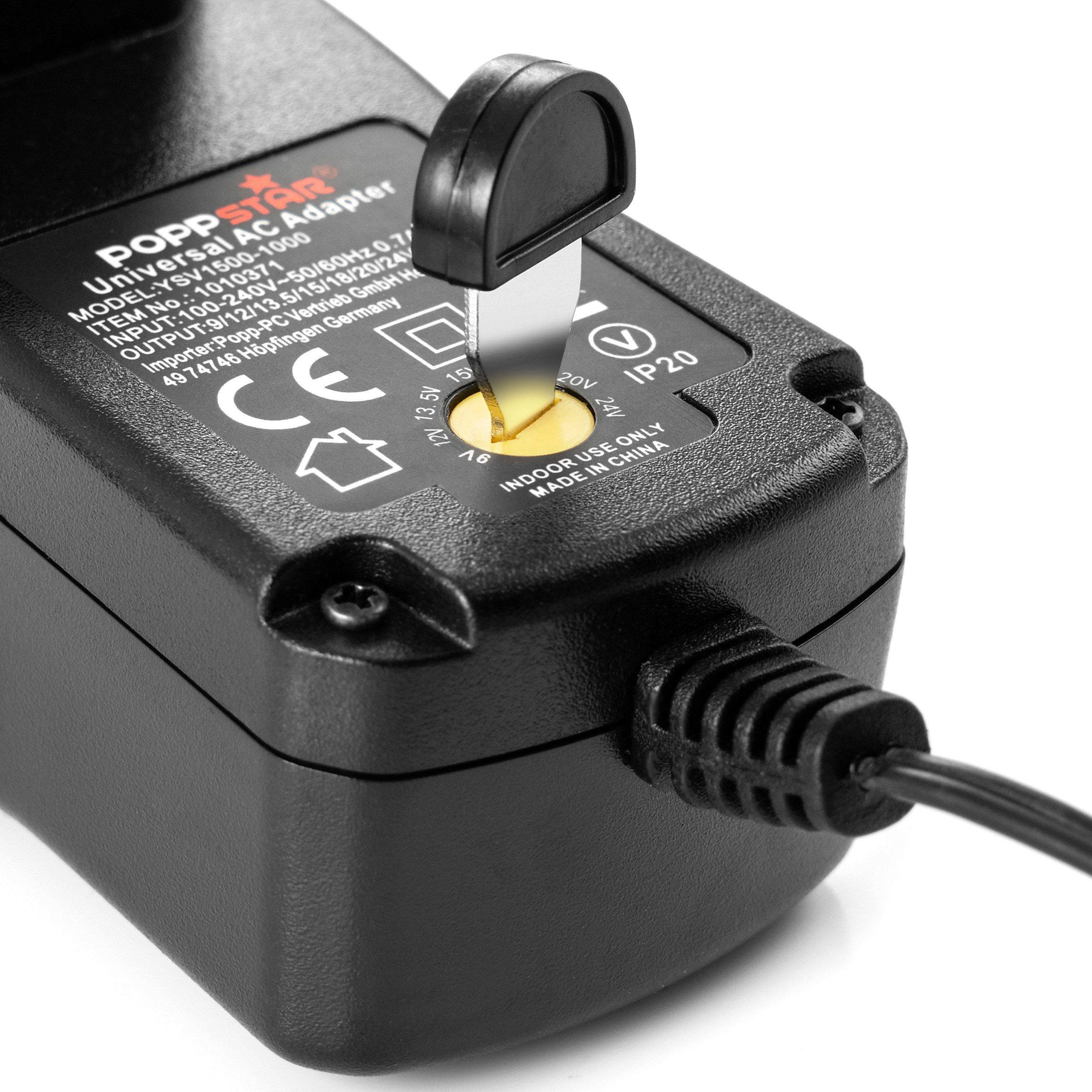 Poppstar Netzteil 9V 12V 13,5V 15V 18V 20V 24V mit 1A Universal-Netzteil (1000mA Schaltnetzteil mit 6 Wechselsteckern, LED, Kabel 150cm)