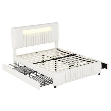 Merax Polsterbett Kunstleder mit Lattenrost, mit LED-Beleuchtung und vier Schubladen, Doppelbett 140x200cm
