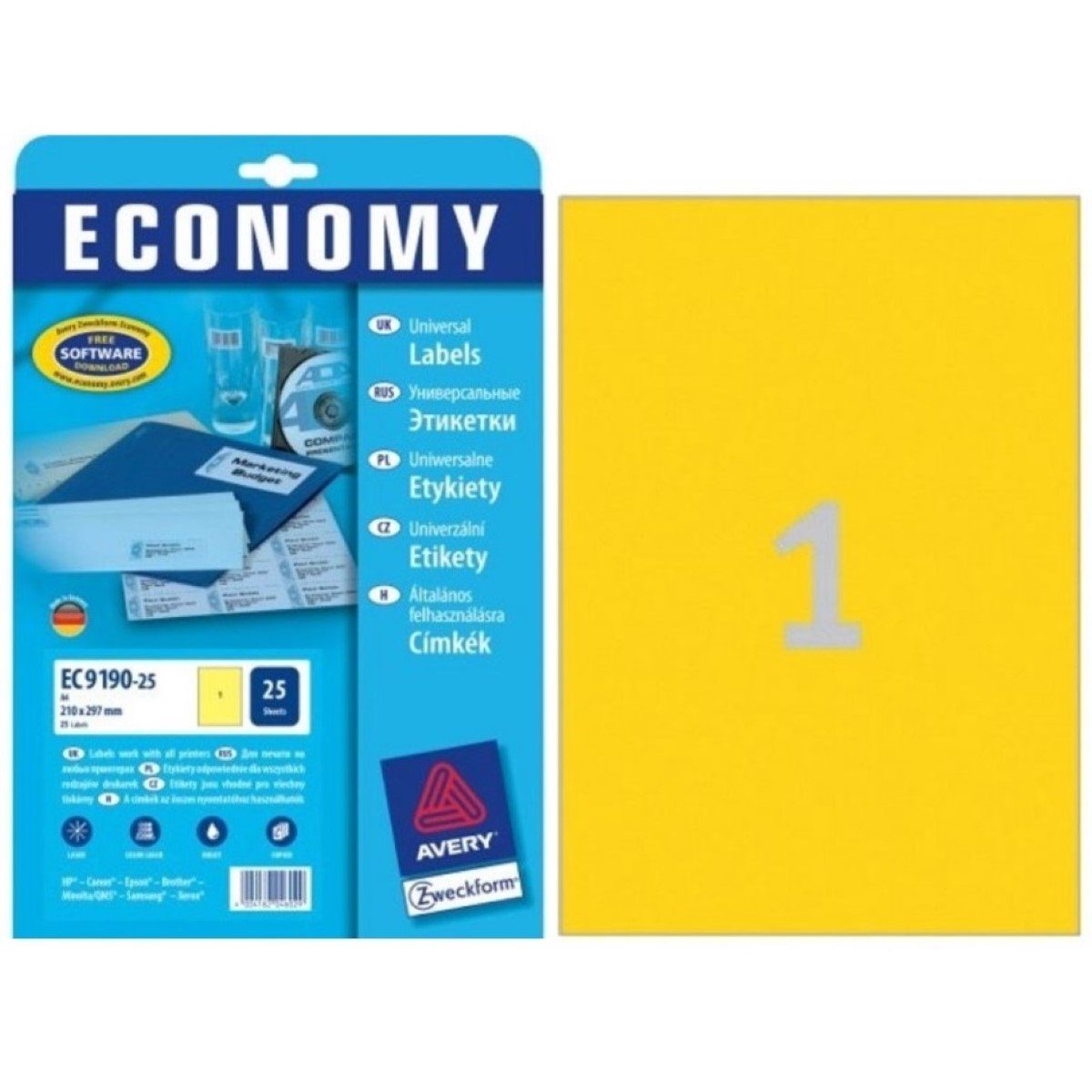 Avery Zweckform Etiketten 25x Etiketten Wiederablösbar DIN A4 Gelb, Selbstklebend Hinweis-Schilder Warn-Aufkleber für alle A4 Drucker