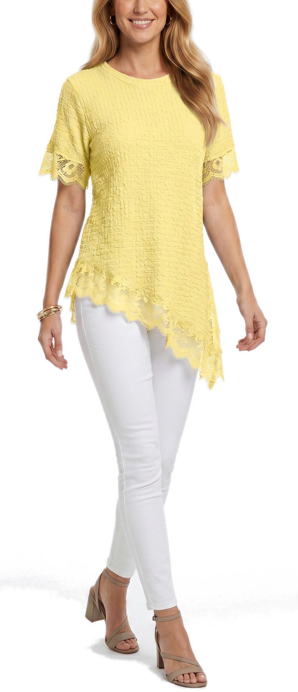 dy_mode Longtunika Damen Longshirt mit Spitzen Kurzarm Tunika in Knitter-Optik Oberteil in Unifarbe, Knitter-Optik, asymmetrisch mit Spitzen-Saum