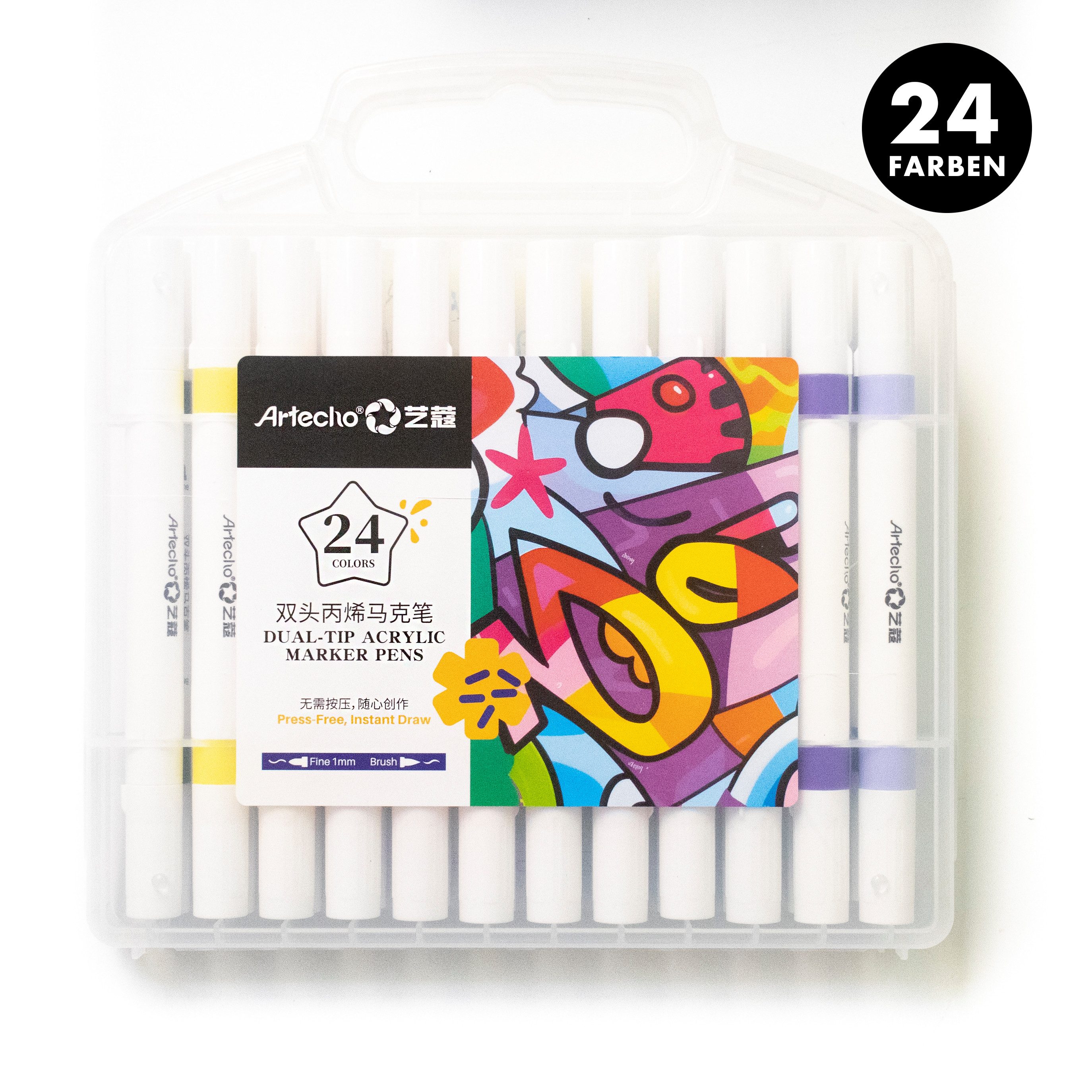 Artecho Marker Doppelspitze Acrylstifte Set– 24/48 Farben,mit Feiner & Breiter Spitze, Wasserfest, Acrylmarker für DIY, Glas, Stein, Holz & Leinwand