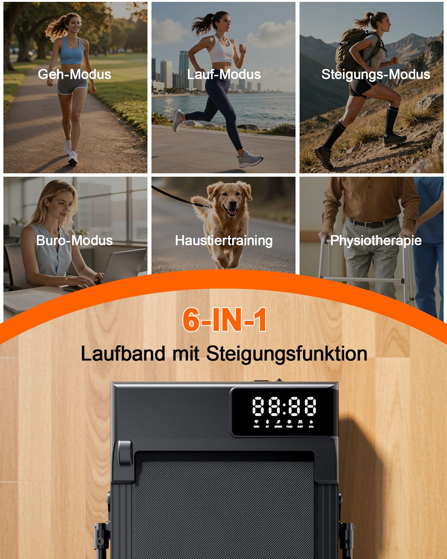 SUPERUN Laufband 6-in-1 Laufband für Zuhause mit Handgriffen, 1–12 km/h, 6 % Neigung, 2-in-1-Funktion für flexibles Training, Klappbar