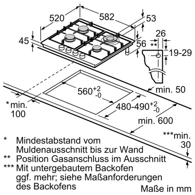 BOSCH Gas-Kochfeld PCH6A5C90D, Edelstahl, Schwertknebel
