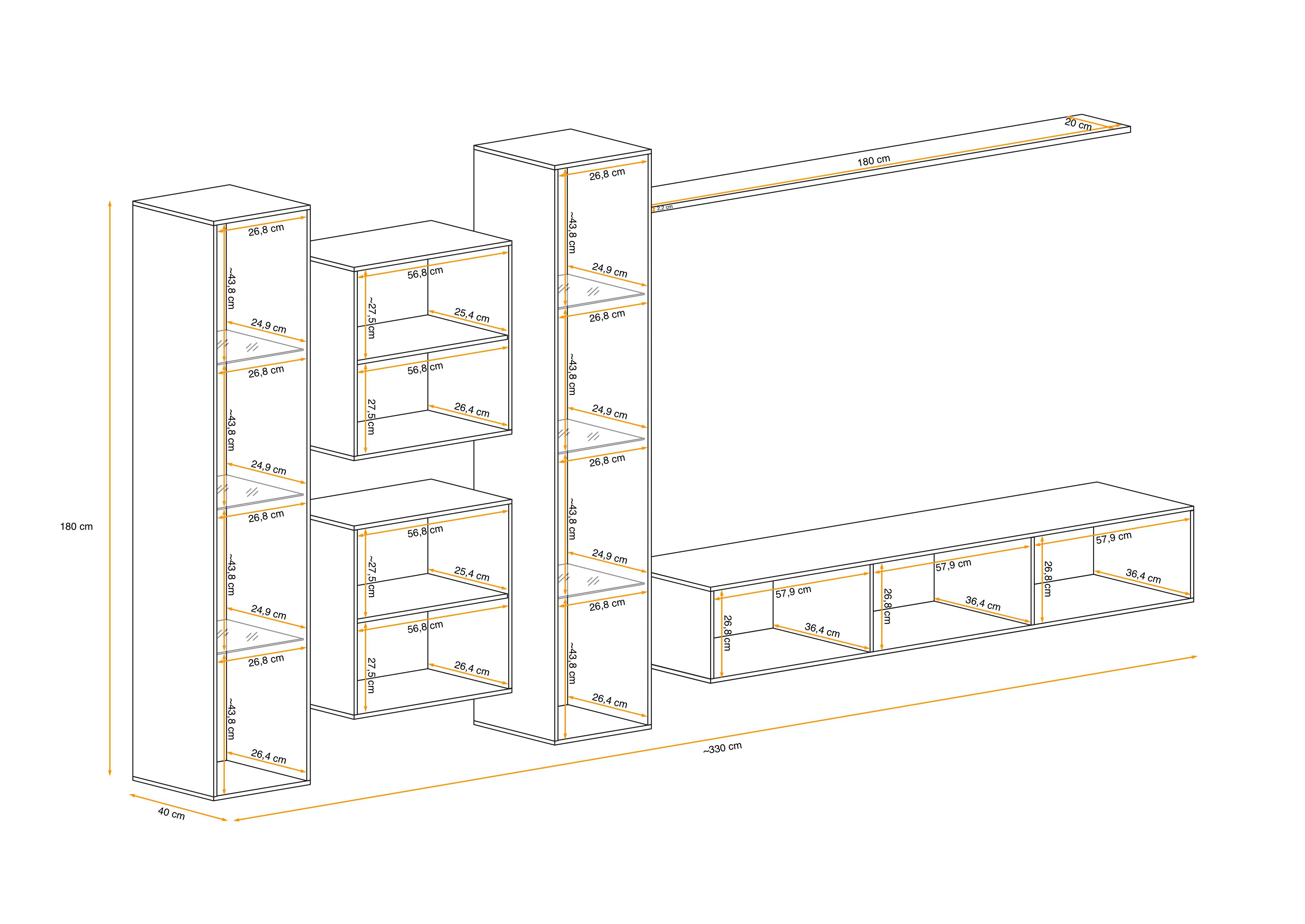 XVI Eiche Wohnwand Wohnzimmer-Set), bestehend aus 2×Wandschrank, 1×Wandboard Swotch Wotan L, Weiß Stylefy 1×Lowboard, (Set St), 2×Hängevitrine, - (6