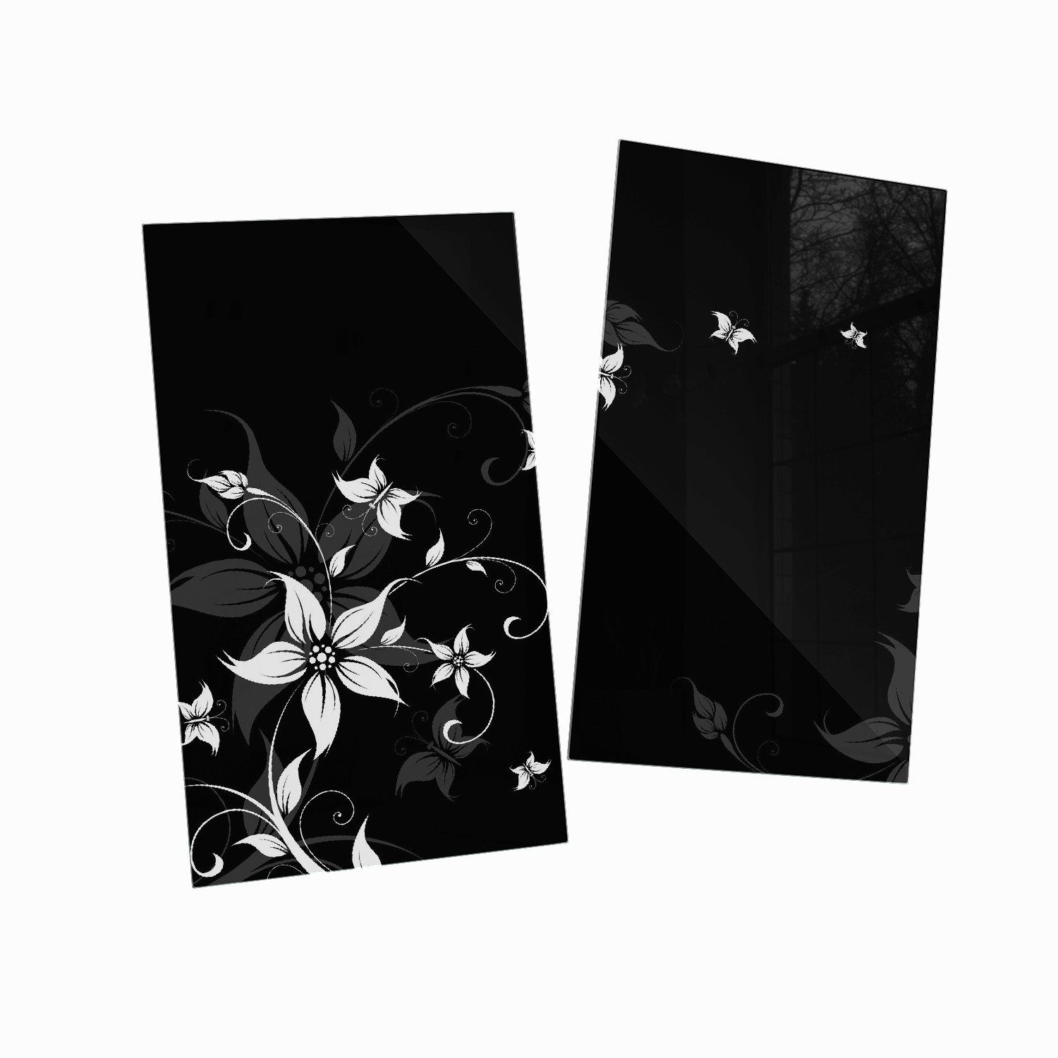 Schwarz-Weiß, Wallario Herd-Abdeckplatte (Glasplatte, Noppen), in 2 5mm tlg., inkl. verschiedene Blumenranke Größen ESG-Sicherheitsglas,