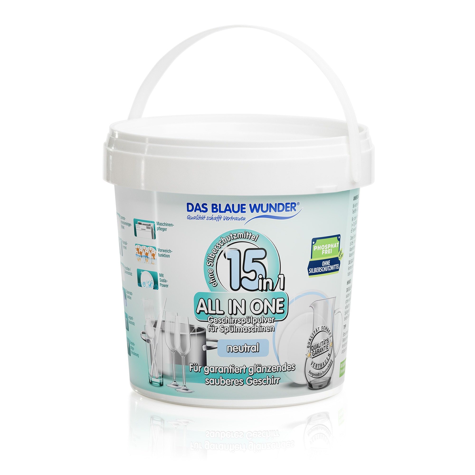 Das Blaue Wunder® All in One 15in1 Geschirrspülpulver phosphatfrei Spülmaschinenpulver (Bis zu 200 Spülgänge, 15 Funktionen mit Soda Power Effekt, 1.000 g)