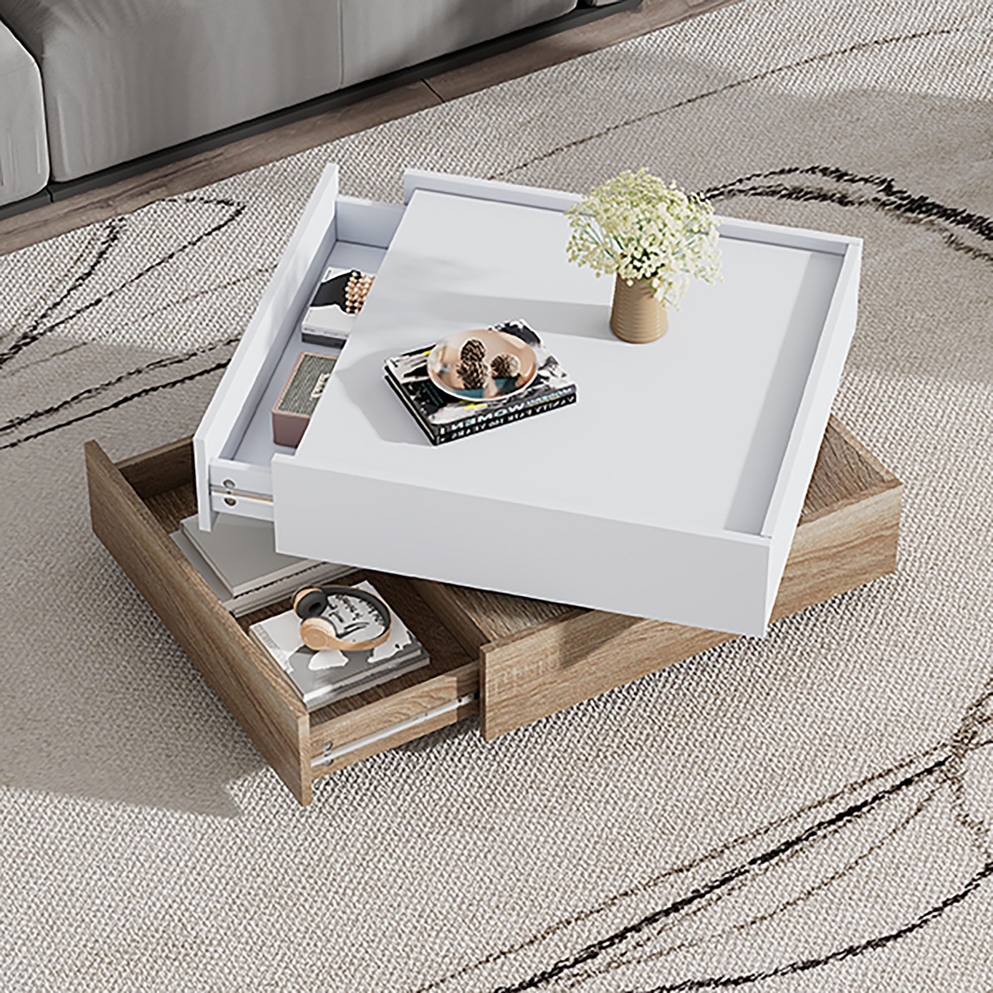 Merax Couchtisch mit drehbarer Tischplatte (60x60x38 cm), Wohnzimmertisch mit 2 Schubladen, Beistelltisch Kaffetisch Satztisch – Bild 3 von 5