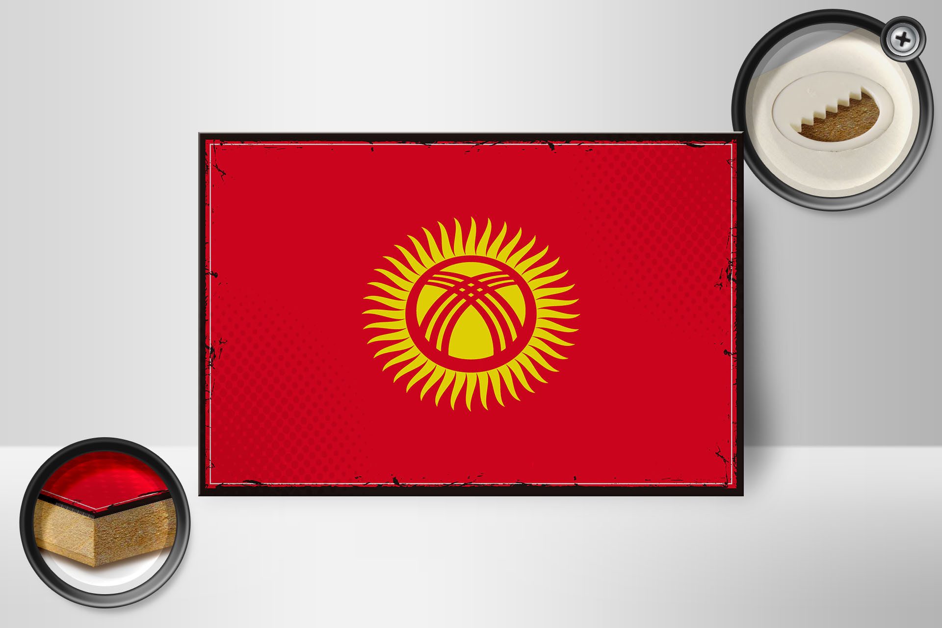 Femer GmbH Holzbild Flagge Kirgisistans 18x12 cm Retro Kyrgyzstan, Flaggen (1 St), Glatte Holzfaserplatte (MDF), vorn beschichtet