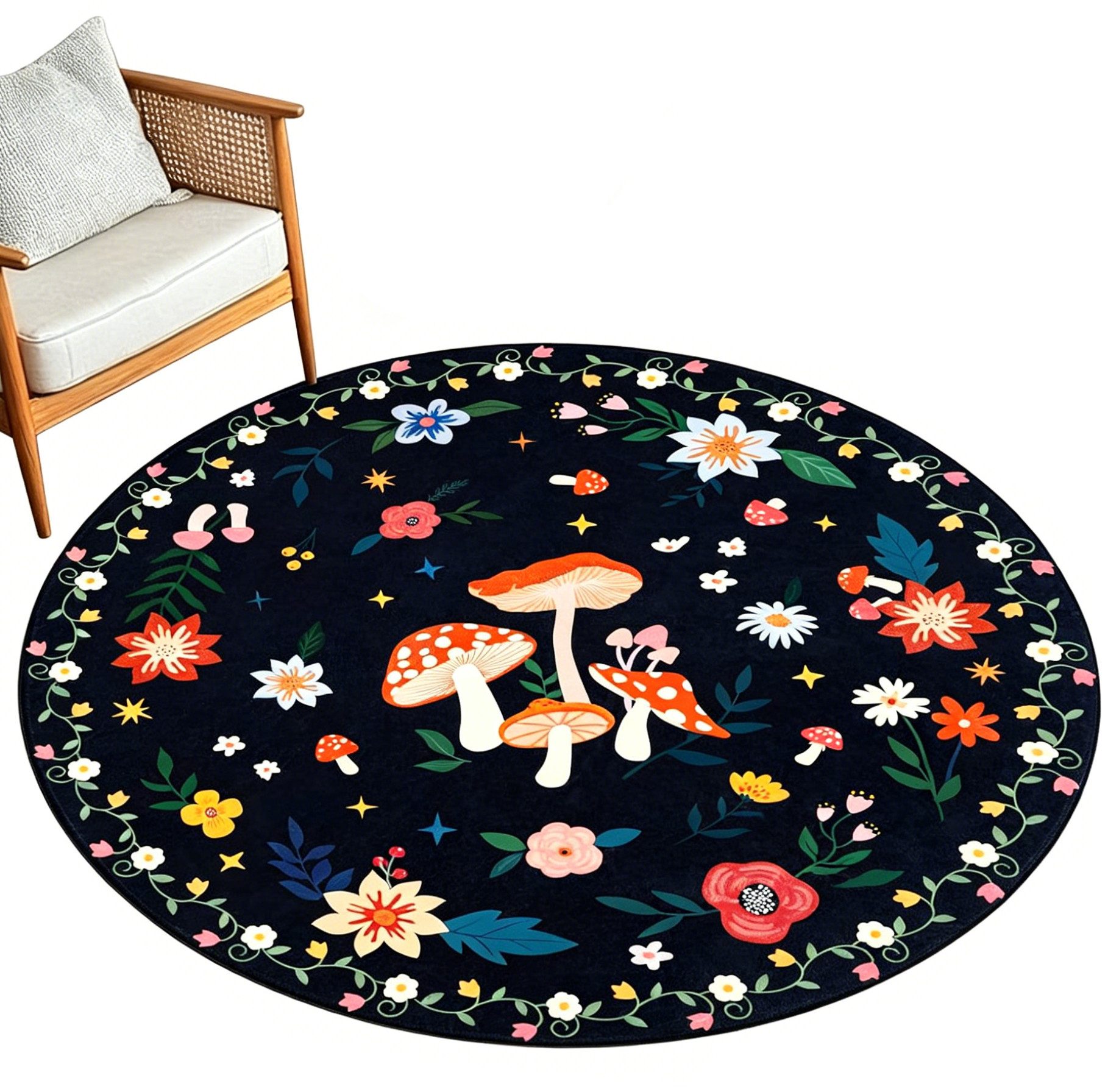 Agger Fußmatte Runde Fußmatte im Vintage-Stil, Boho-Teppich mit Blumenmuster, moderne Fußmatte für Wohnzimmer, Schlafzimmer und Esszimmer