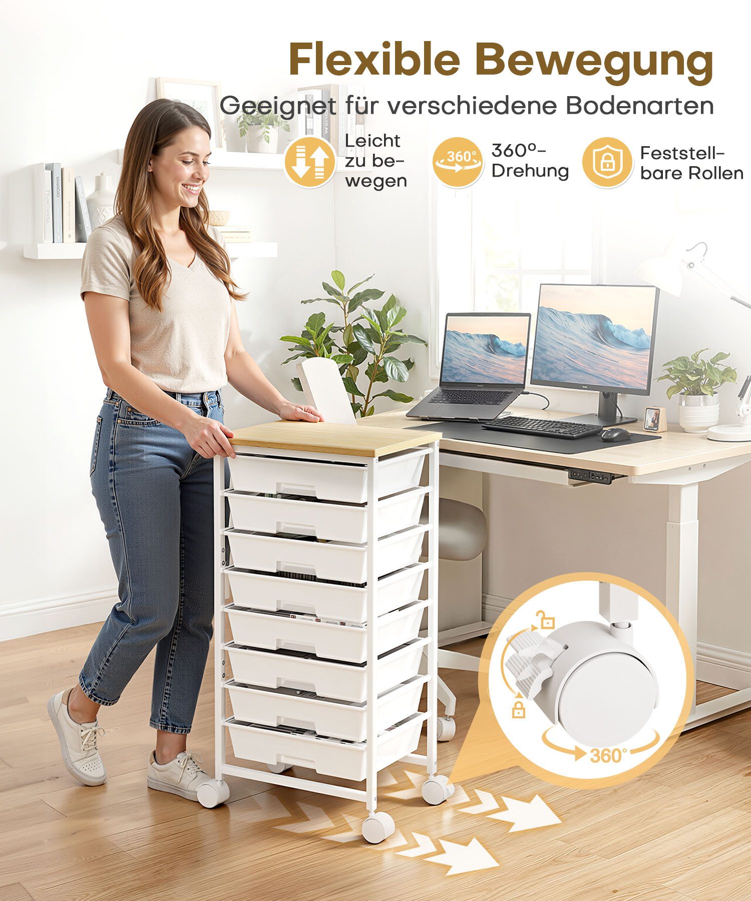 Yorbay Rollwagen mit 8 Schubladen und Holzplatte, Schubladenschrank aus Kunststoff, (Multifunktionaler Aufbewahrungsrollcontainer mit Rollen), für Wohnzimmer, S – Bild 5 von 5