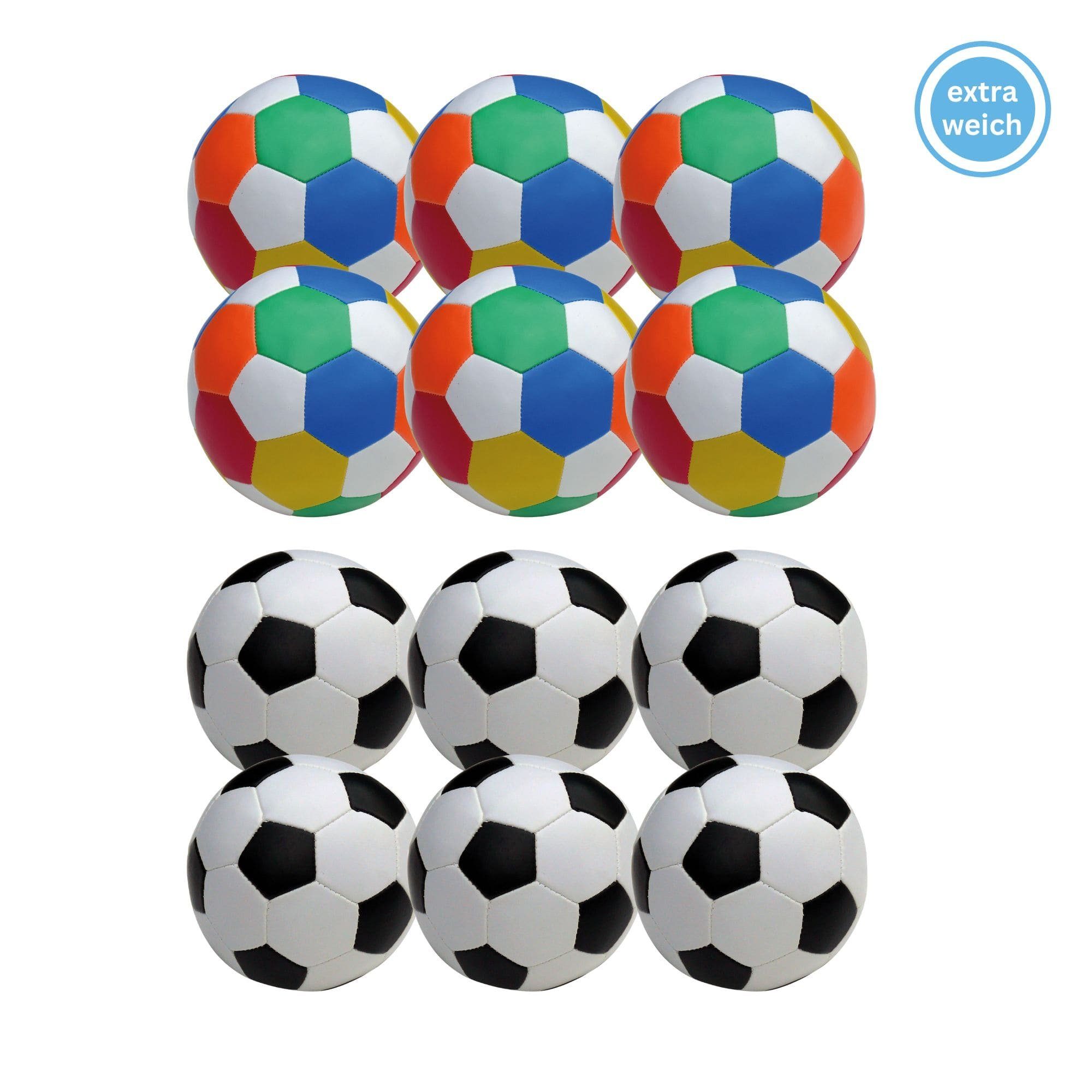 Softball Ø 10 cm, 12er Set schwarz-weiß & bunt im Fußball-Design, ab 0 Jahren