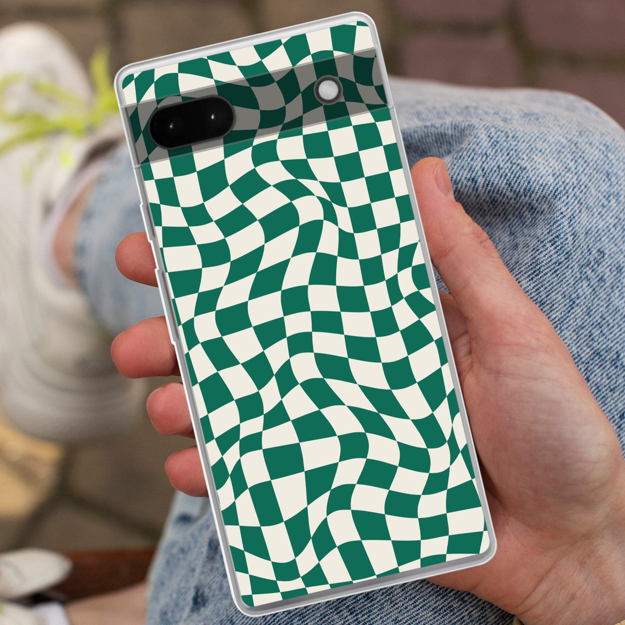 MuchoWow Handyhülle für Google Pixel 6a Gewellte Boxen - Grün - Weiß - Abstrakt, Phone Case, Silikon, Schutzhülle Dünn
