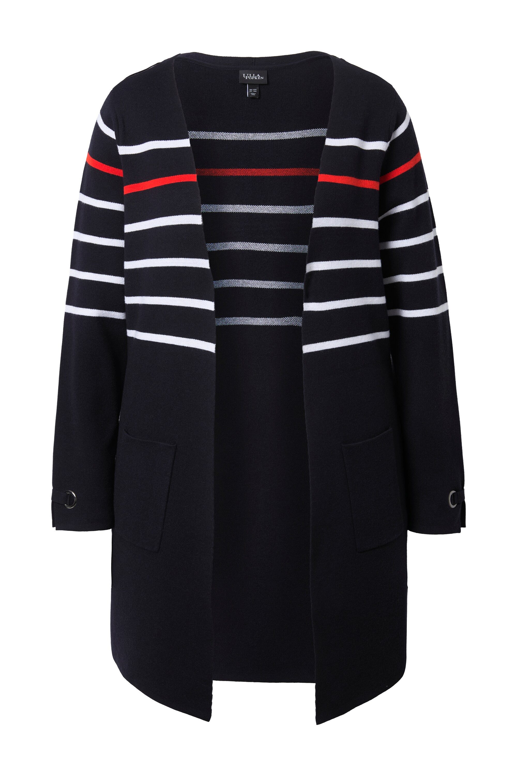 Ulla Popken Langjacke Long-Strickjacke Ringel V-Ausschnitt Langarm