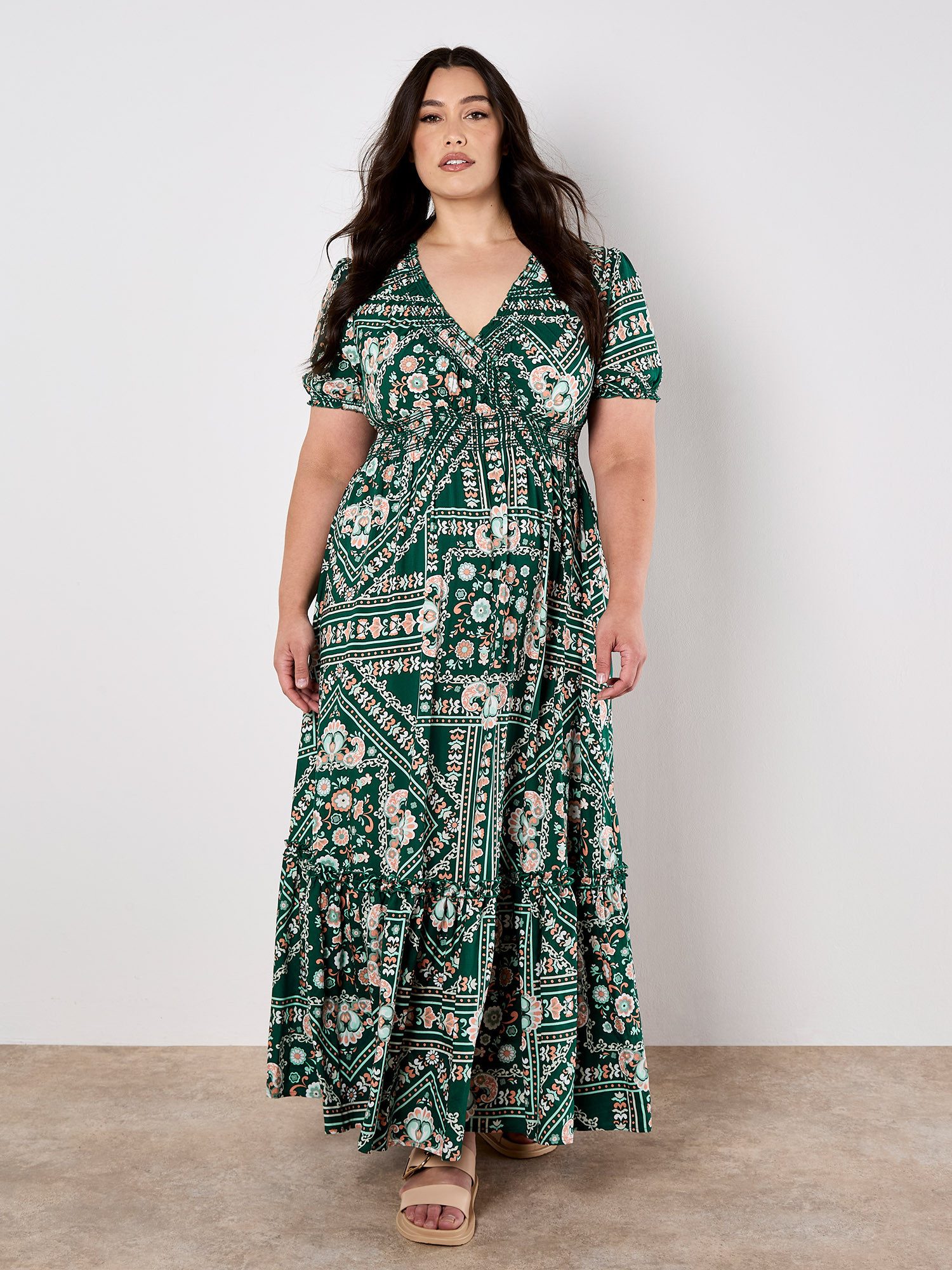 Apricot Druckkleid Gemustertes Maxikleid mit Smokband und Volant – Bild 5 von 5
