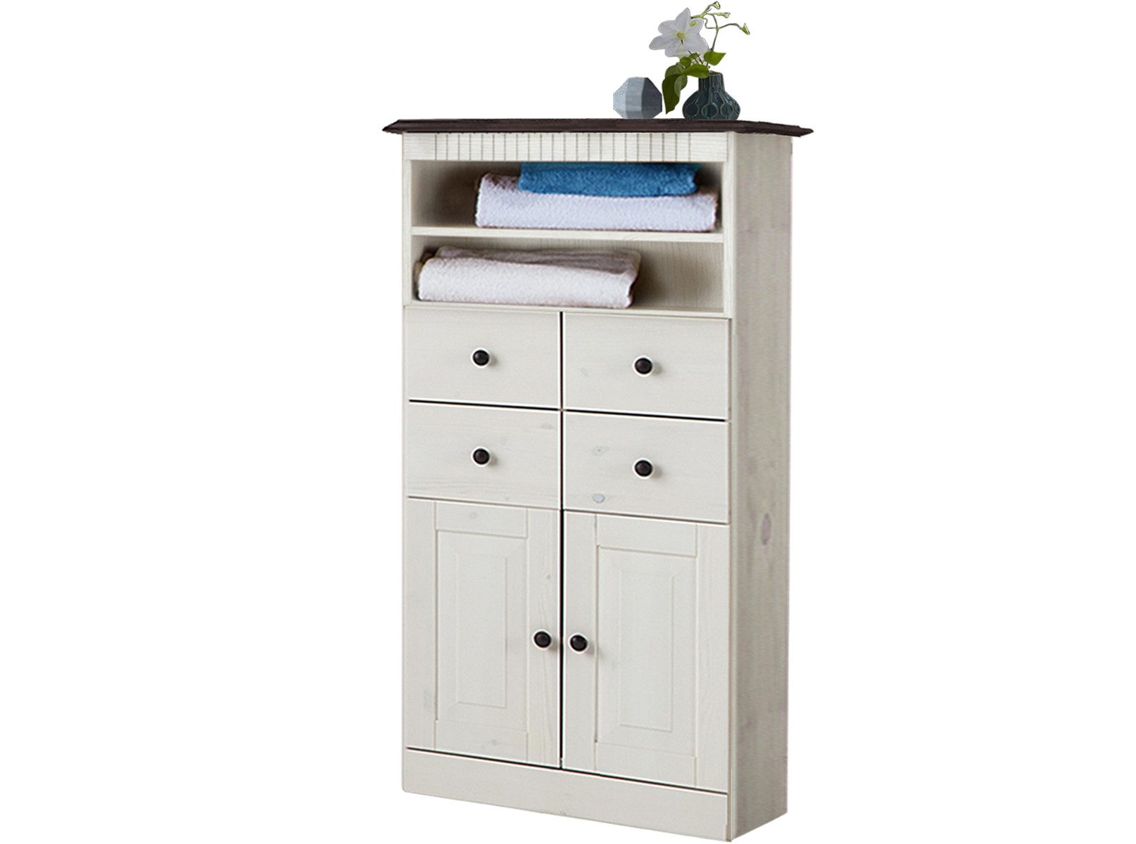 loft24 Vertiko Rico - Midischrank Badezimmerschrank Badschrank Badmöbel, 2 Schubladen, 2 Türen, Kiefer Massivholz, Landhausstil