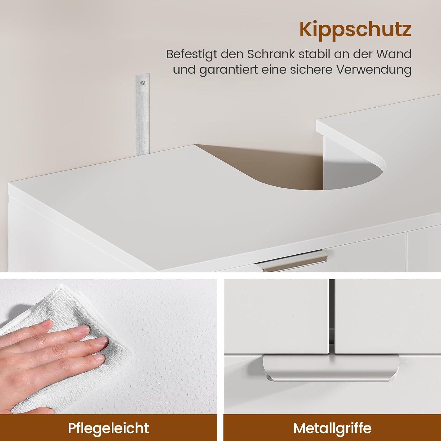 MSMASK Waschbeckenunterschrank Badezimmerschrank mit 2 Türen, Große Schublade, 30 x 60 x 75 cm Offene Fächer an Einer Seite, Rechts Oder Links Austauschbar, Wei – Bild 5 von 5