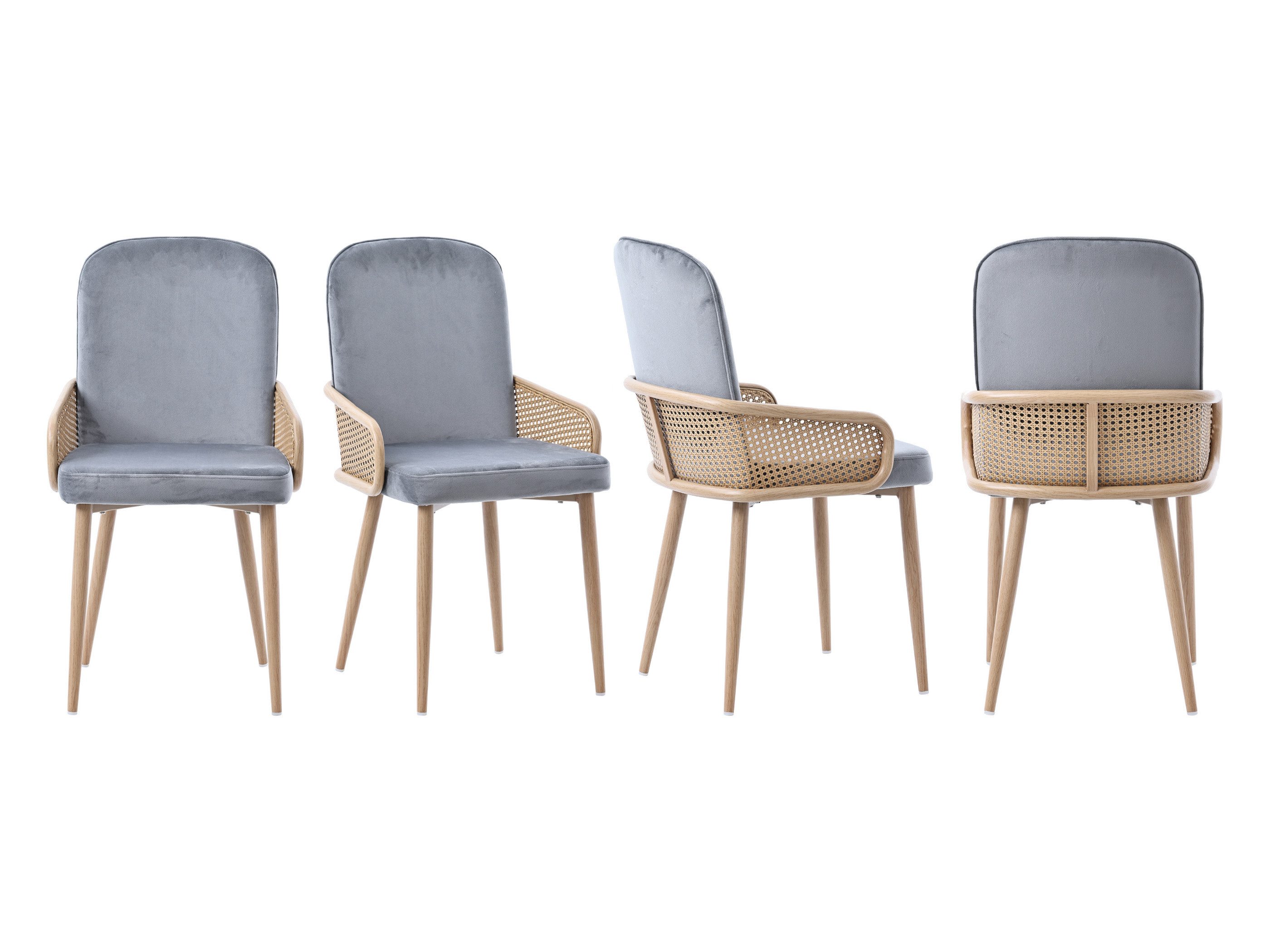 SeedWave Esszimmerstuhl Samt Esszimmerstuhl mit Rattan Armlehnen, grau Gepolsterter Sessel (2er set / 4er set), Korbstuhl für Esszimmer