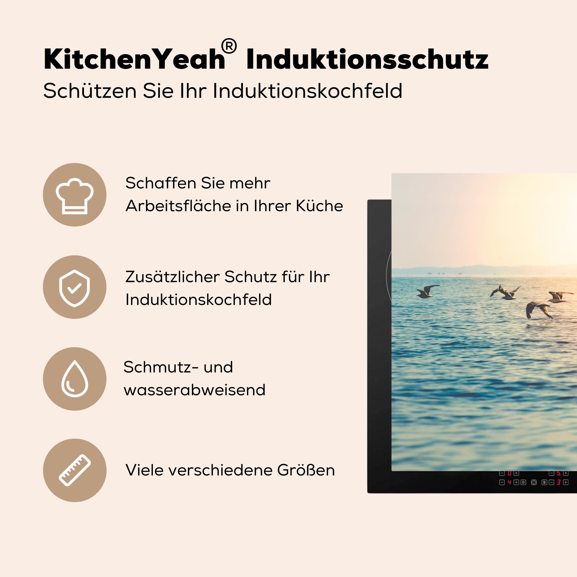 MuchoWow Herdblende-/Abdeckplatte Meer - Möwe 81x52 (1 Schutz tlg), Vinyl, Induktionskochfeld Ceranfeldabdeckung die cm, küche, Sonne, - für