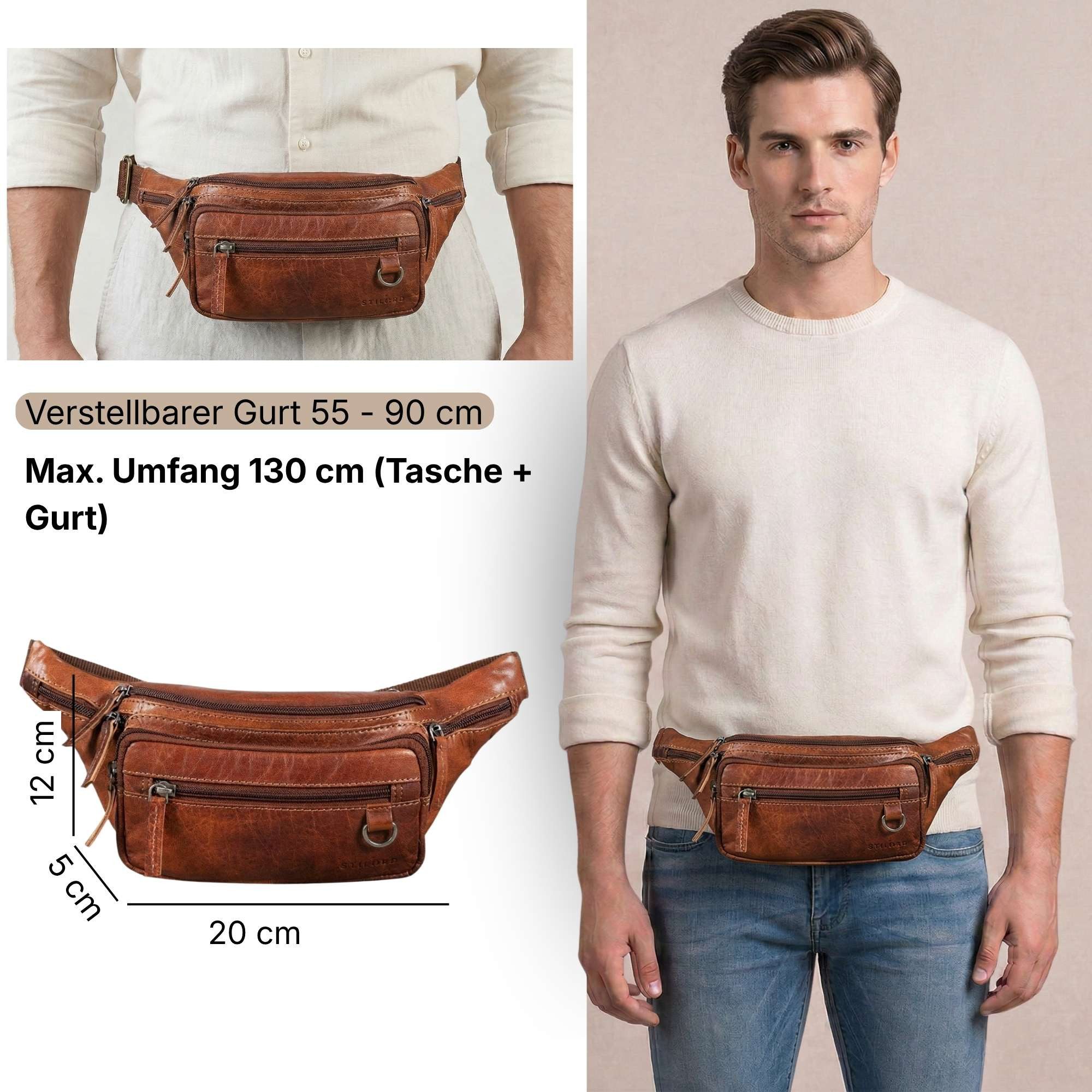 STILORD Bauchtasche "Robin" Premium Bauchtasche Herren Leder mit 6 Reißverschlussfächern – Bild 2 von 5