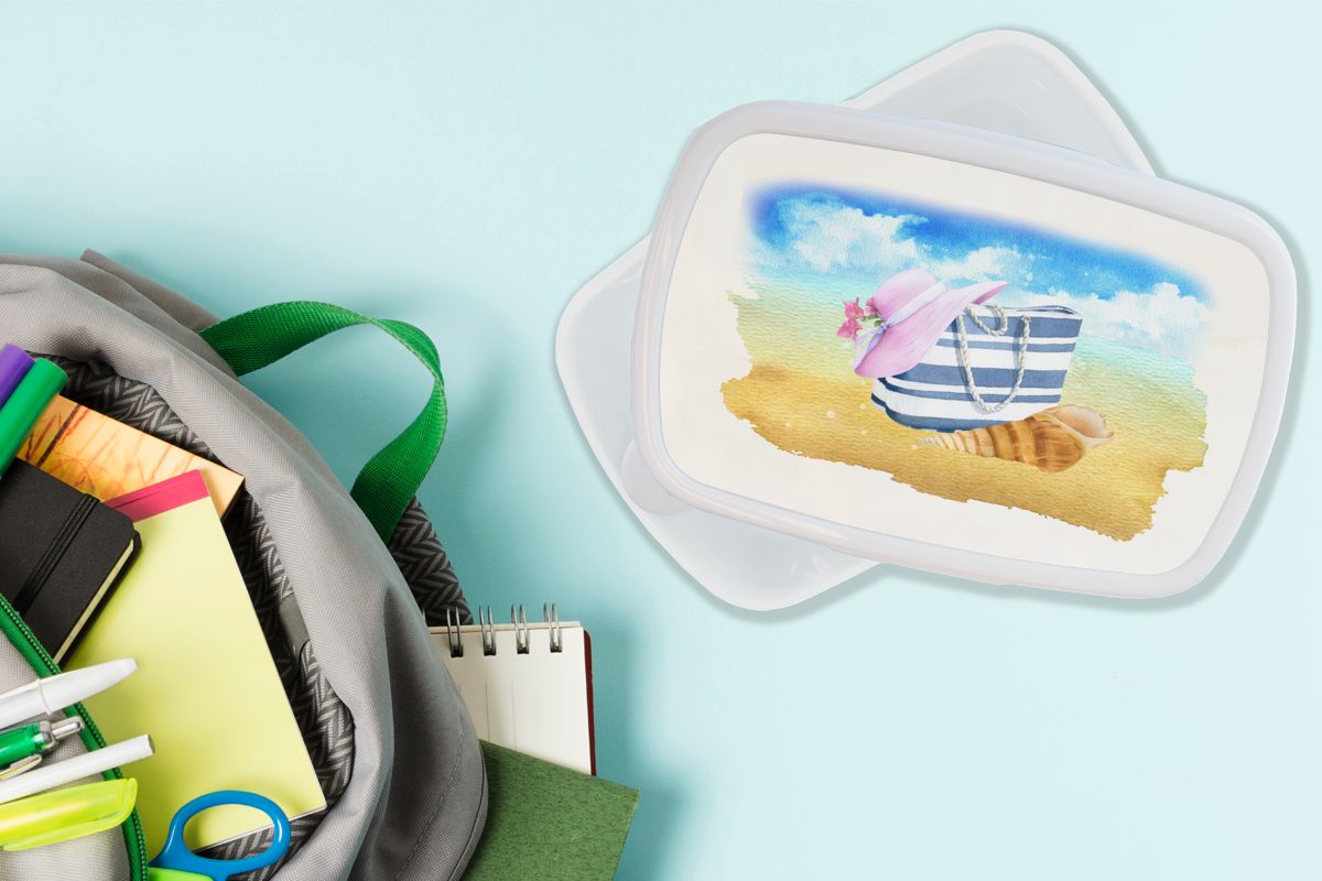 MuchoWow Lunchbox - Brotdose, Tasche Kinder Muschel Strand, Hut für für Kunststoff, - (2-tlg), - Mädchen Jungs und Brotbox weiß Erwachsene, und