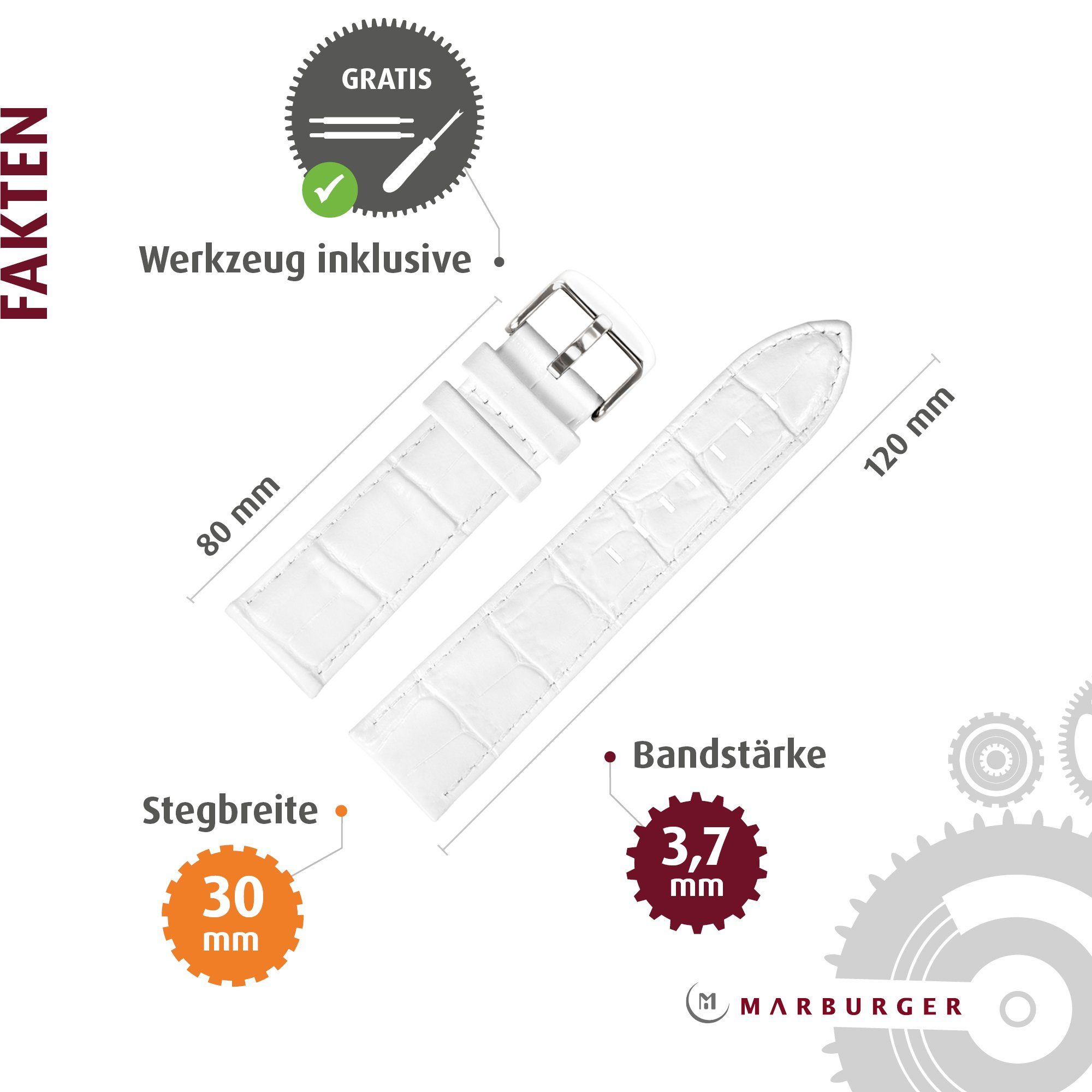 MARBURGER Uhrenarmband 30mm Leder Alligator Prägung