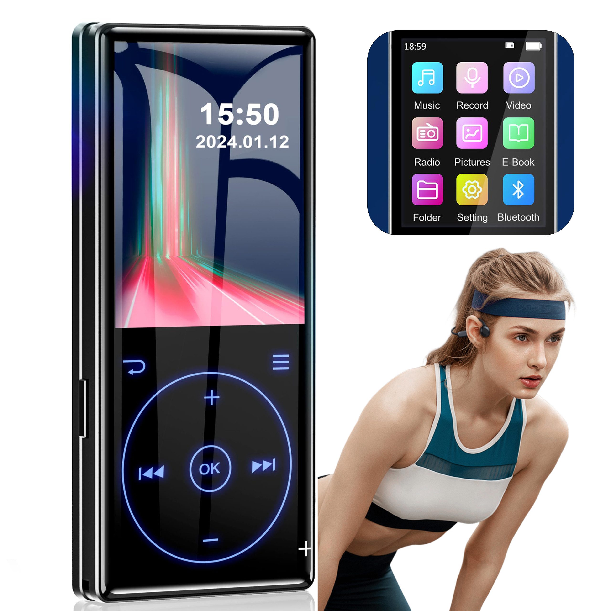 MOPUEA Tragbarer Musikplayer mit Touch-Tasten verlustfreiem HD-Lautsprecher MP3-Player
