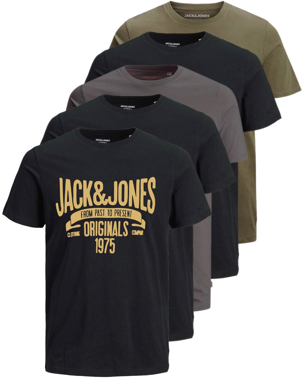 Jack & Jones Print-Shirt 5er-Pack) aus 3 OPT T-Shirts Aufdruck Set, mit Mix Baumwolle (Spar 5er