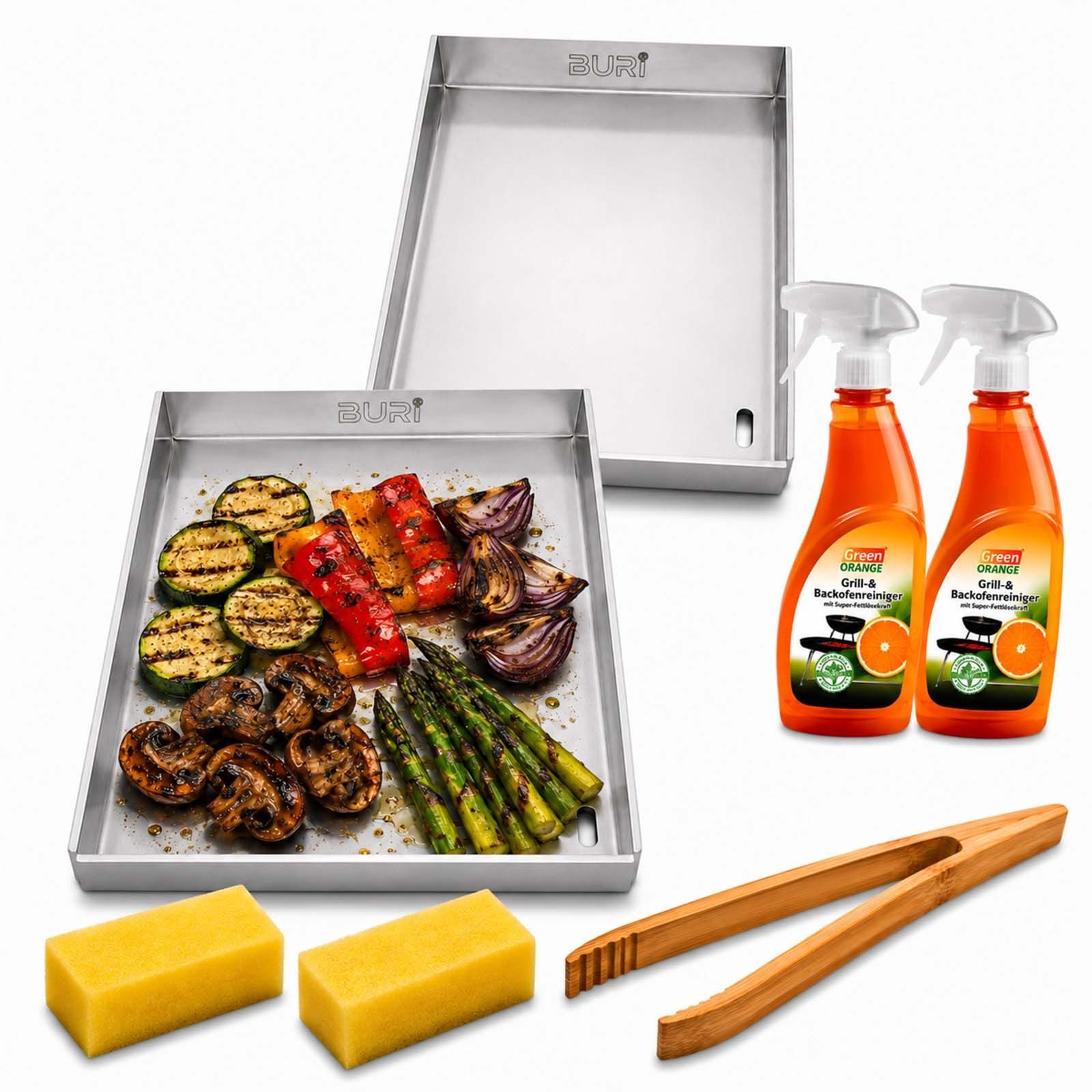 BURI Grillplatte 2x Plancha Grillplatte 30x20cm Edelstahl Set Grillzange Grillreiniger