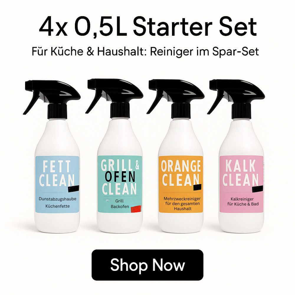ivb Bröcker Reinigungs-Set IVB Starter Set 4x500 ml – Backofen, Bad, Küche & Fett komplett, (4-St., Starter Set: Grill & Ofen Clean, Fett Clean, Orange Clean, Kalk Clean), 4 Profi-Reiniger im Spar-Set, Made in Germany, hohe Reinigungskraft
