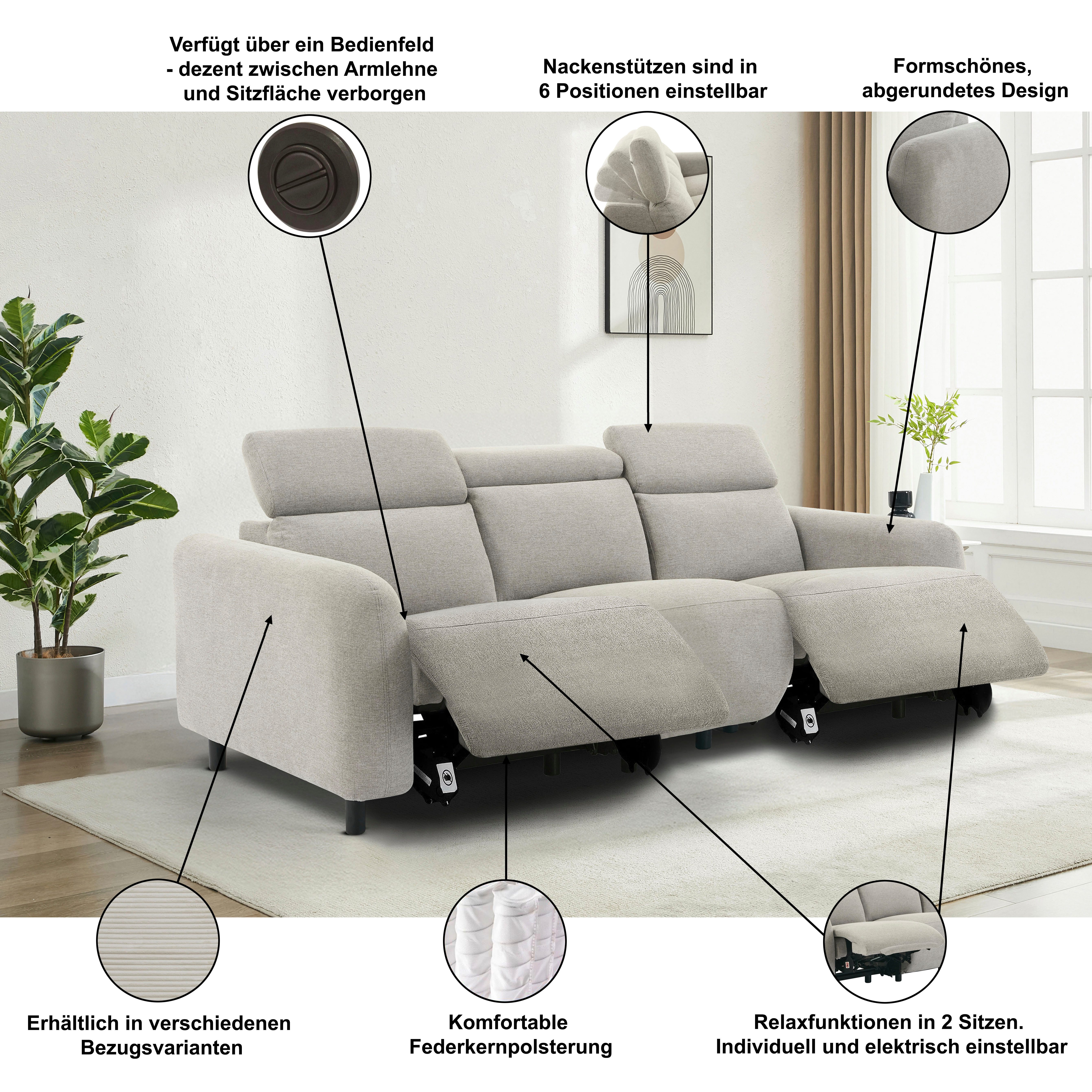 OTTO home 3-Sitzer SKAANE Struktur-Sofa, 229 cm, manuelle-u. elektrische Relaxfunktion, Relax-Funktion in 2 Sitzen, Kopfteilverstellung, Federkernpolsterung